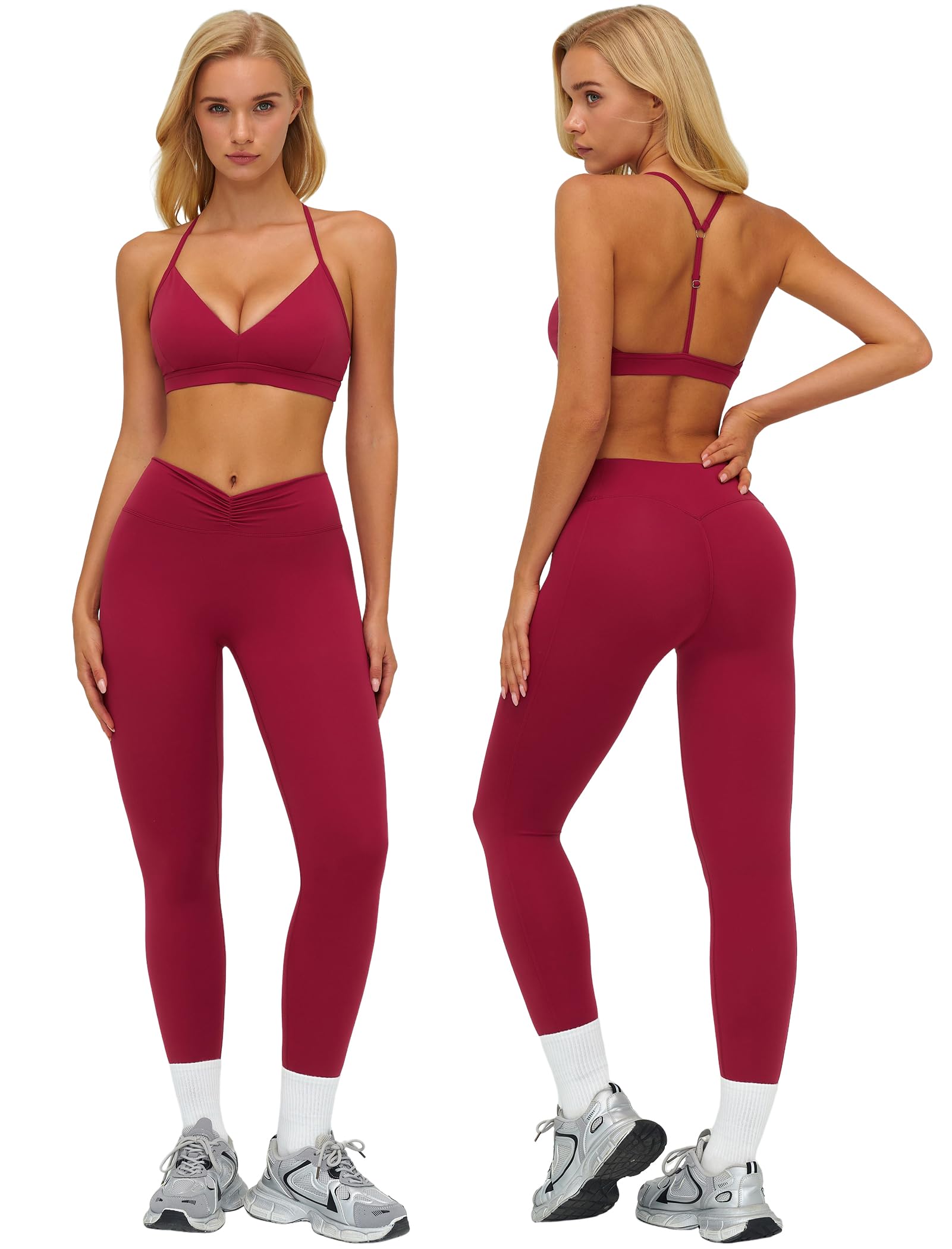 ABOCIW Womens Workout Sets V Neck Y Back Sports Bra Tummy Control High Waist Leggings 2 Piece Gym
