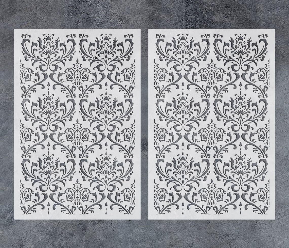 GSS Designs - Plantilla de pared de damasco para pintar, paquete de 2 plantillas de pared de 16 x 24 pulgadas, plantillas de decoración del hogar, plantillas de pintura para paredes, muebles, suelos