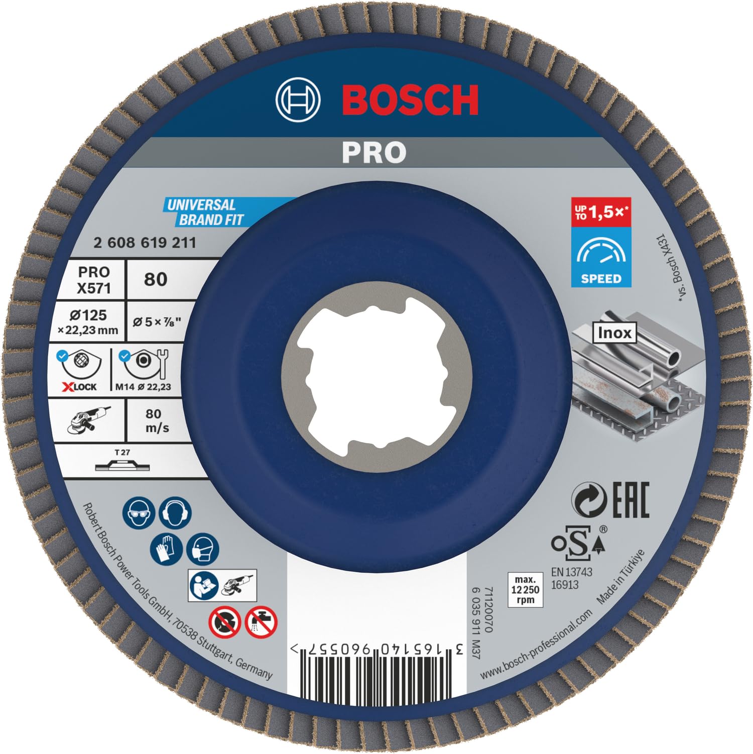 Bosch PRO X Lock Zirconium Abrasive Straight Flap Disc 125mm 80g Pack of 1