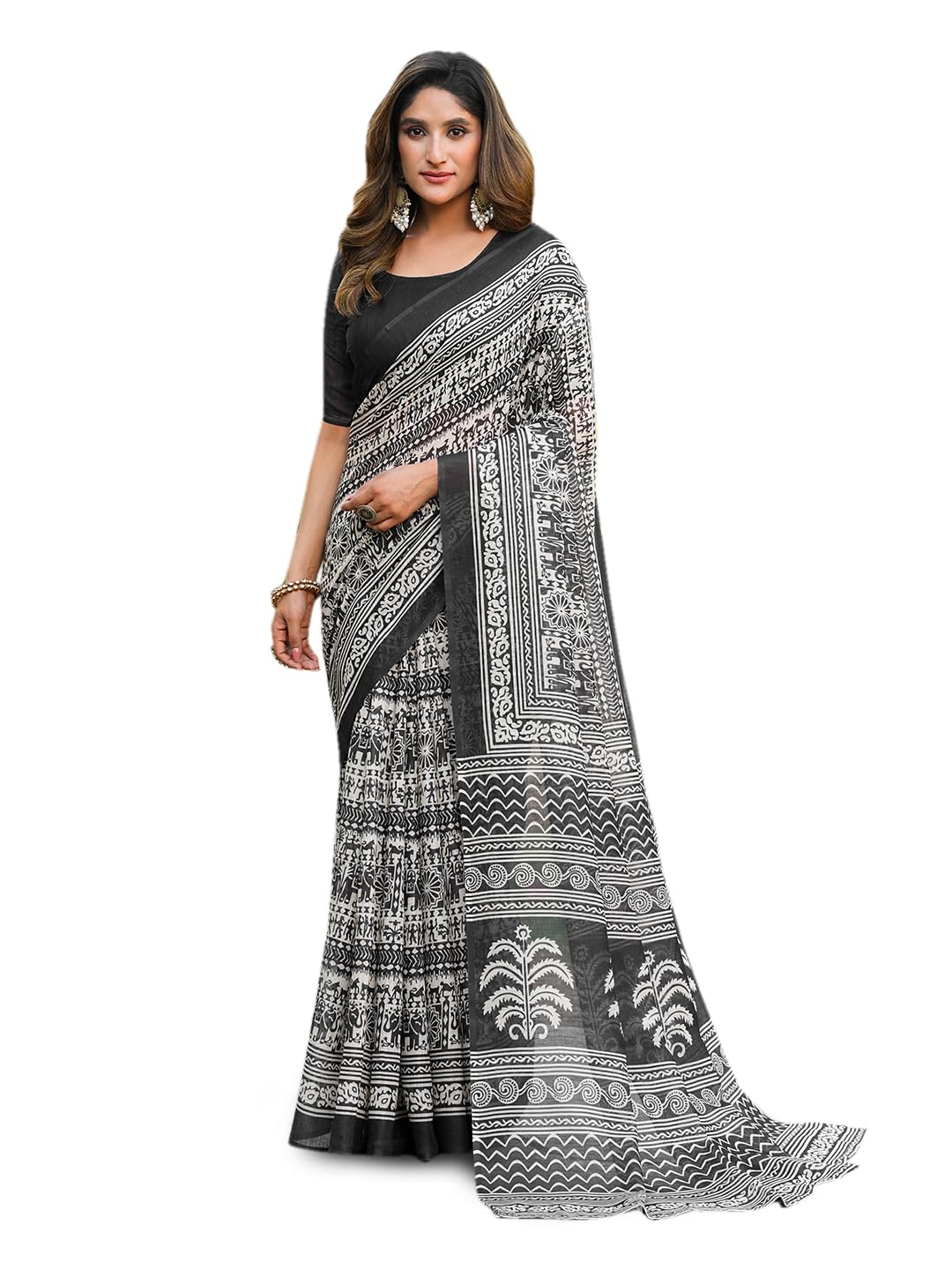 Black and White Linen Blend Saree with Traditional Geometric Print, Ethnic Motifs, Solid Border, with Blouse-image-43