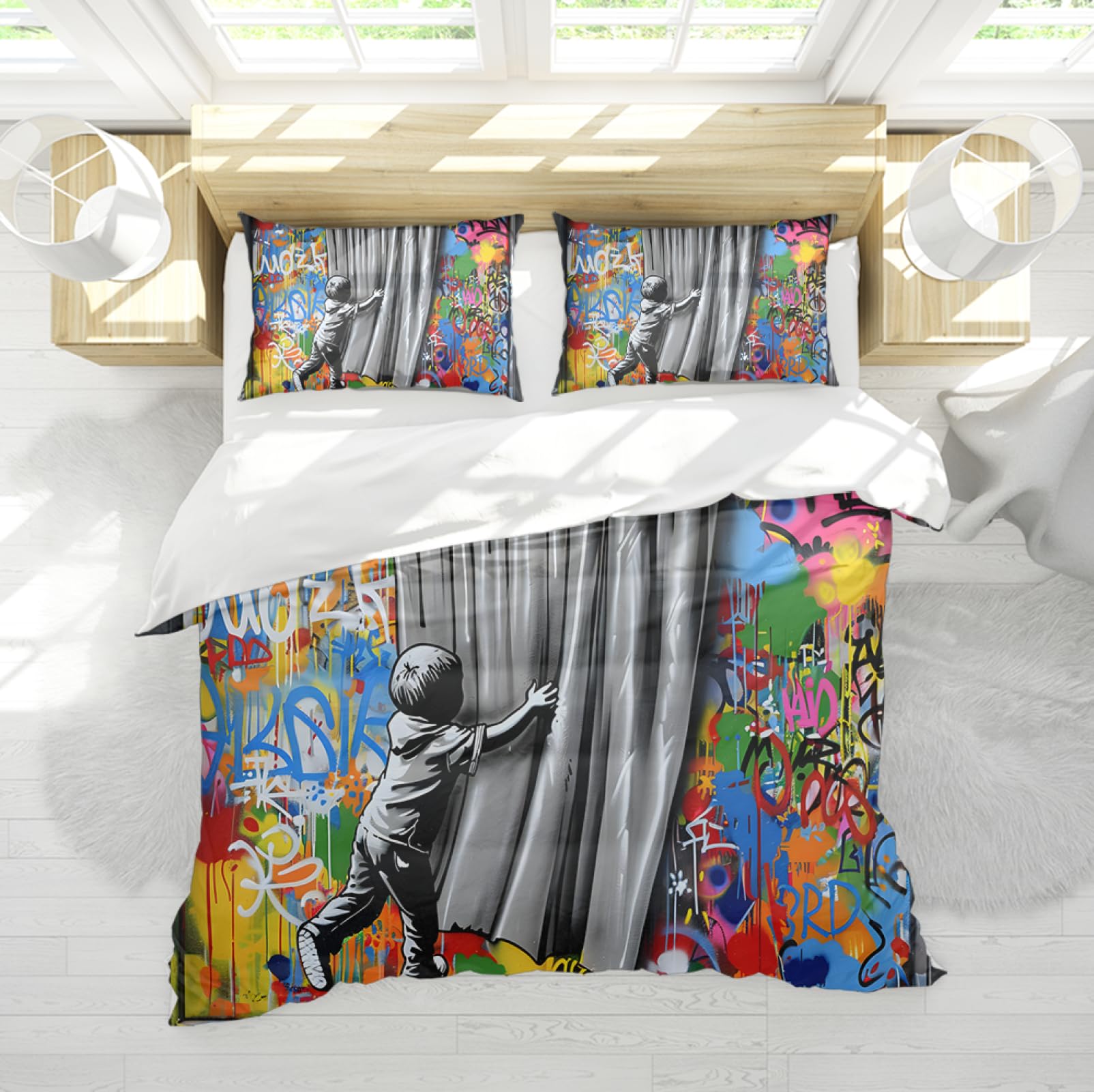 Funda de Edredón Set 3 Piezas Estilo Graffiti Colorido Lindo Niño Tirando de Las Cortinas Juego de Ropa de Cama con 2 Almohadas Shams Cremallera y 4 Corbatas 160 x 200 cm