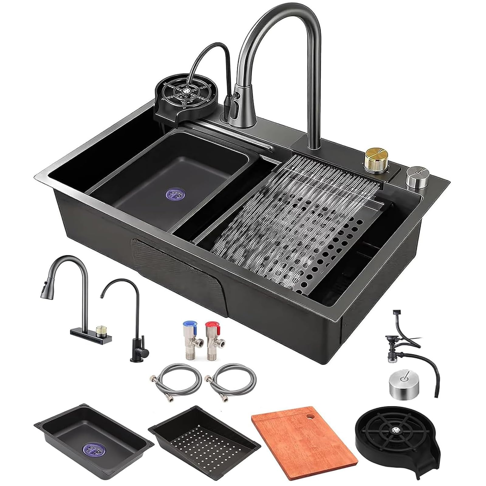 Photo 1 of kitchen sink with waterfall kitchen sink with glass rinser Nano sink stainless steel sink workstation sink With pull-out faucet bottle washer-31.5 Inch waterfall sink 31.5 X 18.1 Inch Sink set