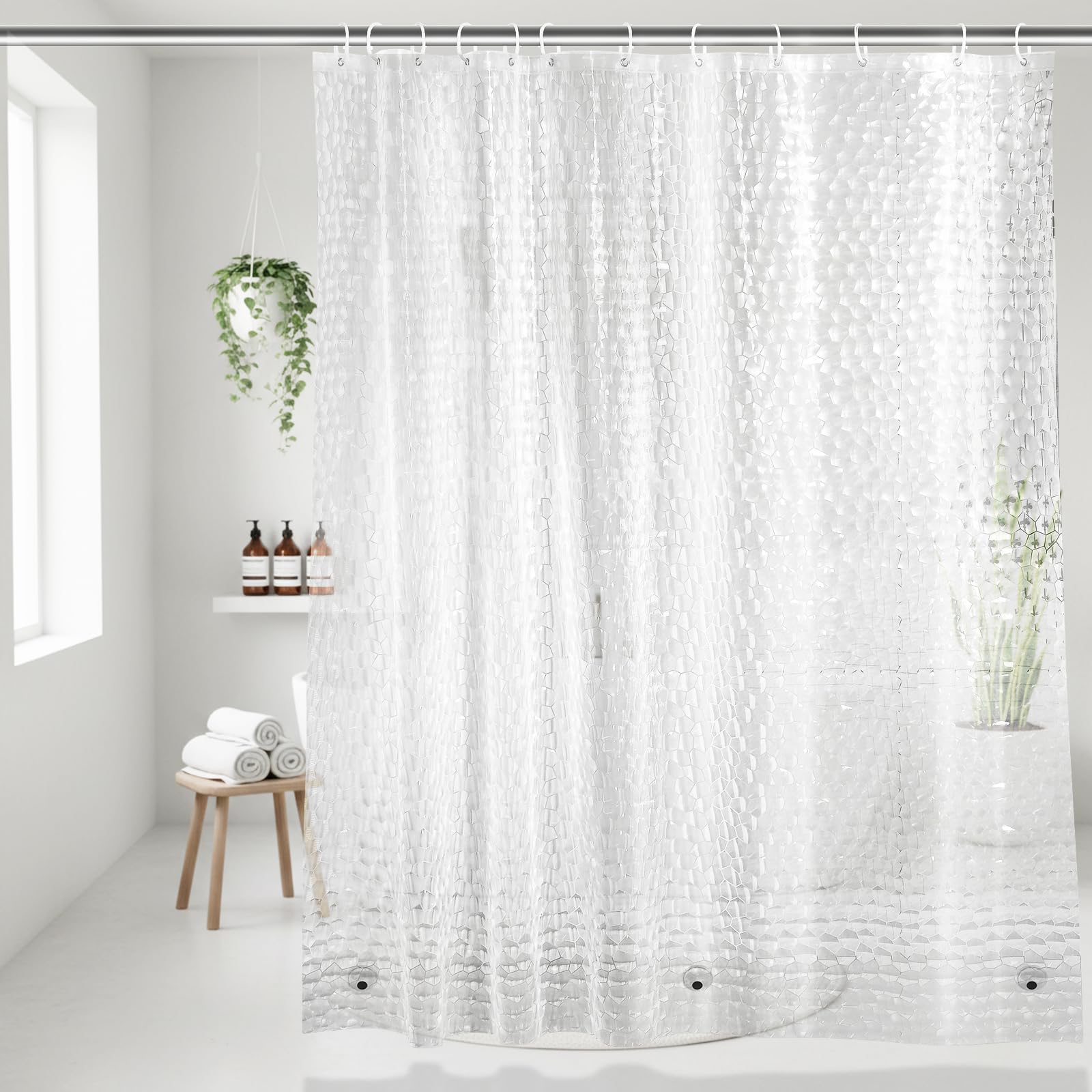 OTraki Zasłona prysznicowa 180 x 200 cm, ochrona przed pleśnią, nadaje się do prania, wodoszczelna, z tworzywa EVA, półprzezroczysta, z 12 pierścieniami