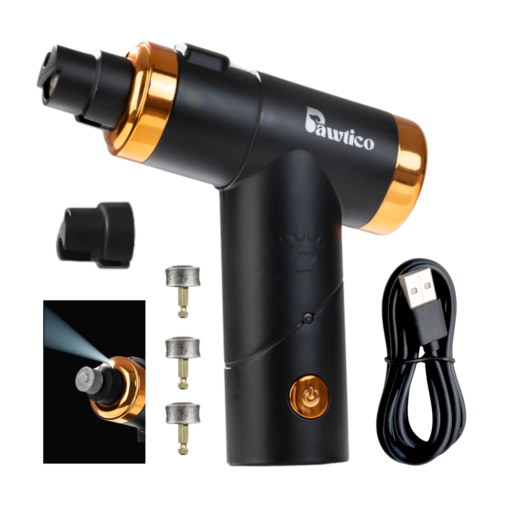 Pawtico Pro Dog Nail Grinder, Ergonomic Pistol Grip for Precision Control Quiet 40dB Motor, LED Light, USB Rechargeable