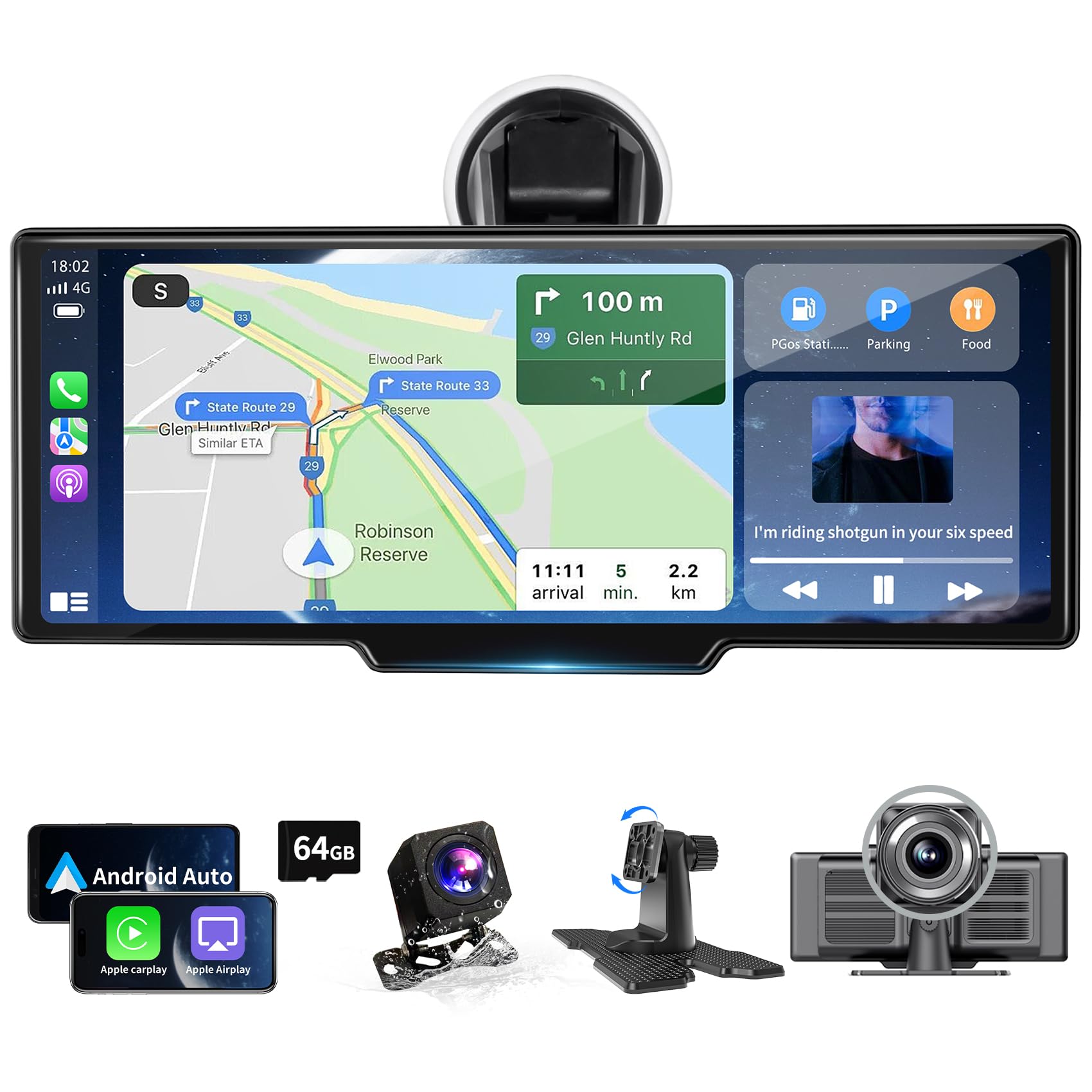 Carplay Display Android Auto Display da 10,26 pollici Wireless Android Auto Display per Auto Touch Screen con Dash Cam, Telecamera di retromarcia, Bluetooth,Siri,Bluetooth,FM, AUX,Mirror