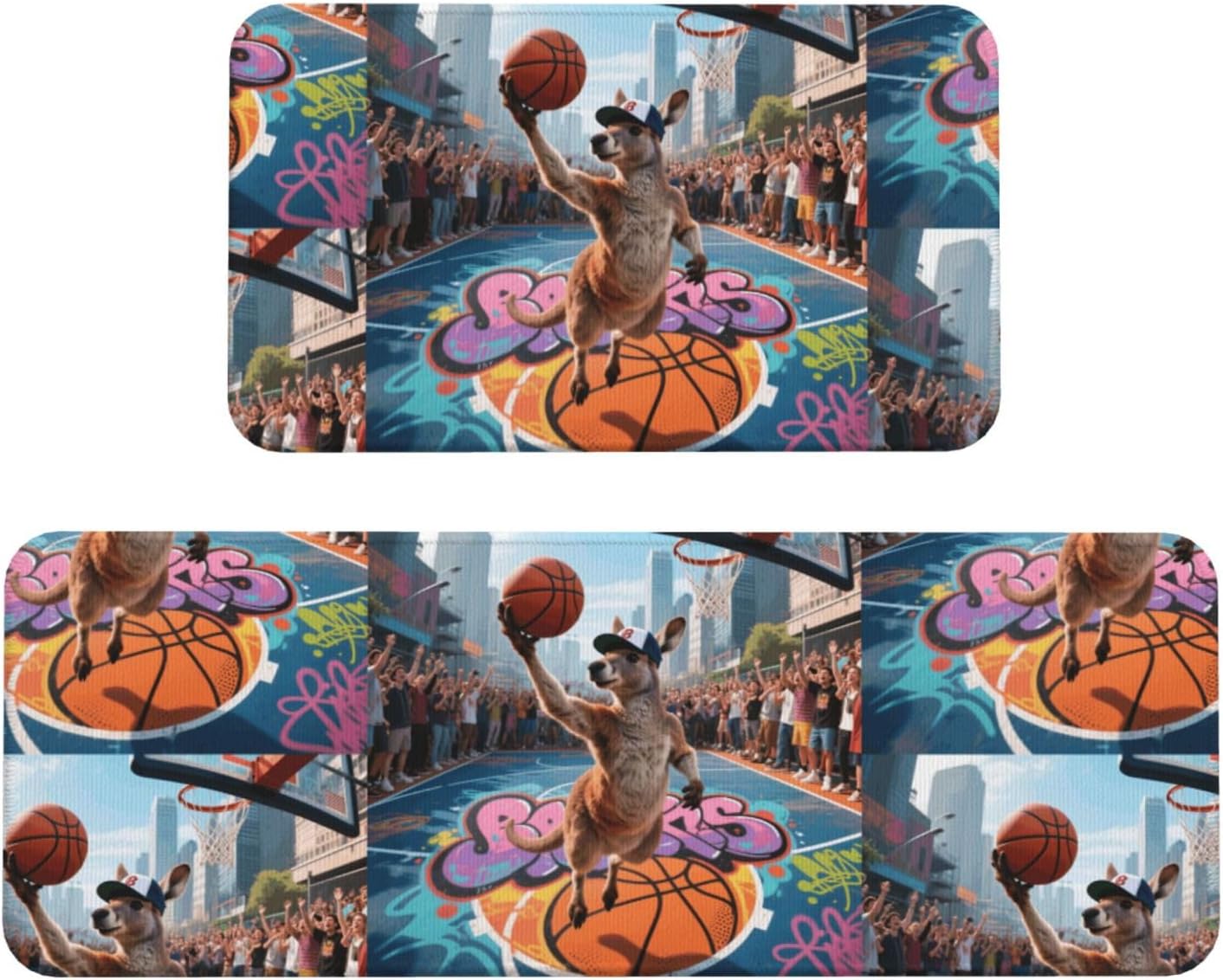 Kangaroo Dunking in Court Kitchen Rugs Set of 2, Cushioned Anti-Fatigue Kitchen Mats for Floor, Waterproof Comfort Standing Mat Absorbent Velvet Kitchen Runner Rugs 17"x30"+17"x47"
