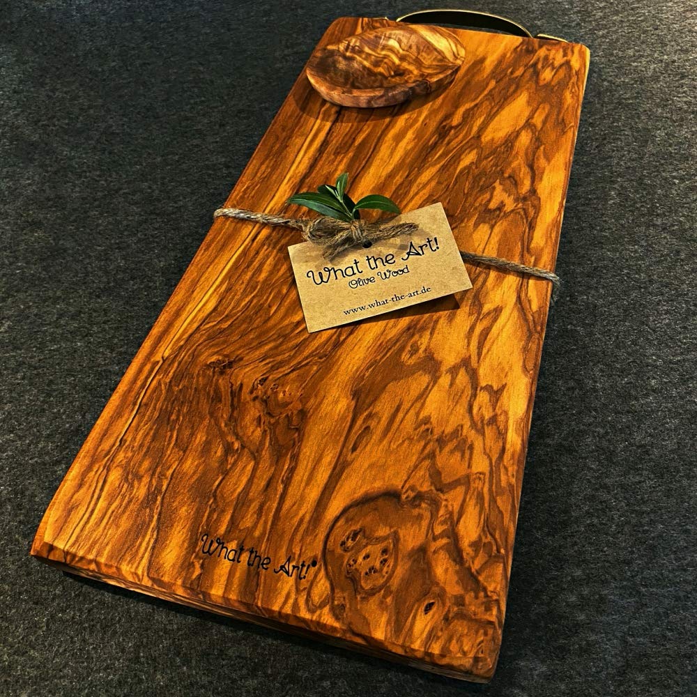 What the Art!® Olive Wood "Vintage" XL | Tabla de cortar de madera de olivo con mango de latón + cuenco + regalo | aprox. 40 x 17-20 x 2 cm
