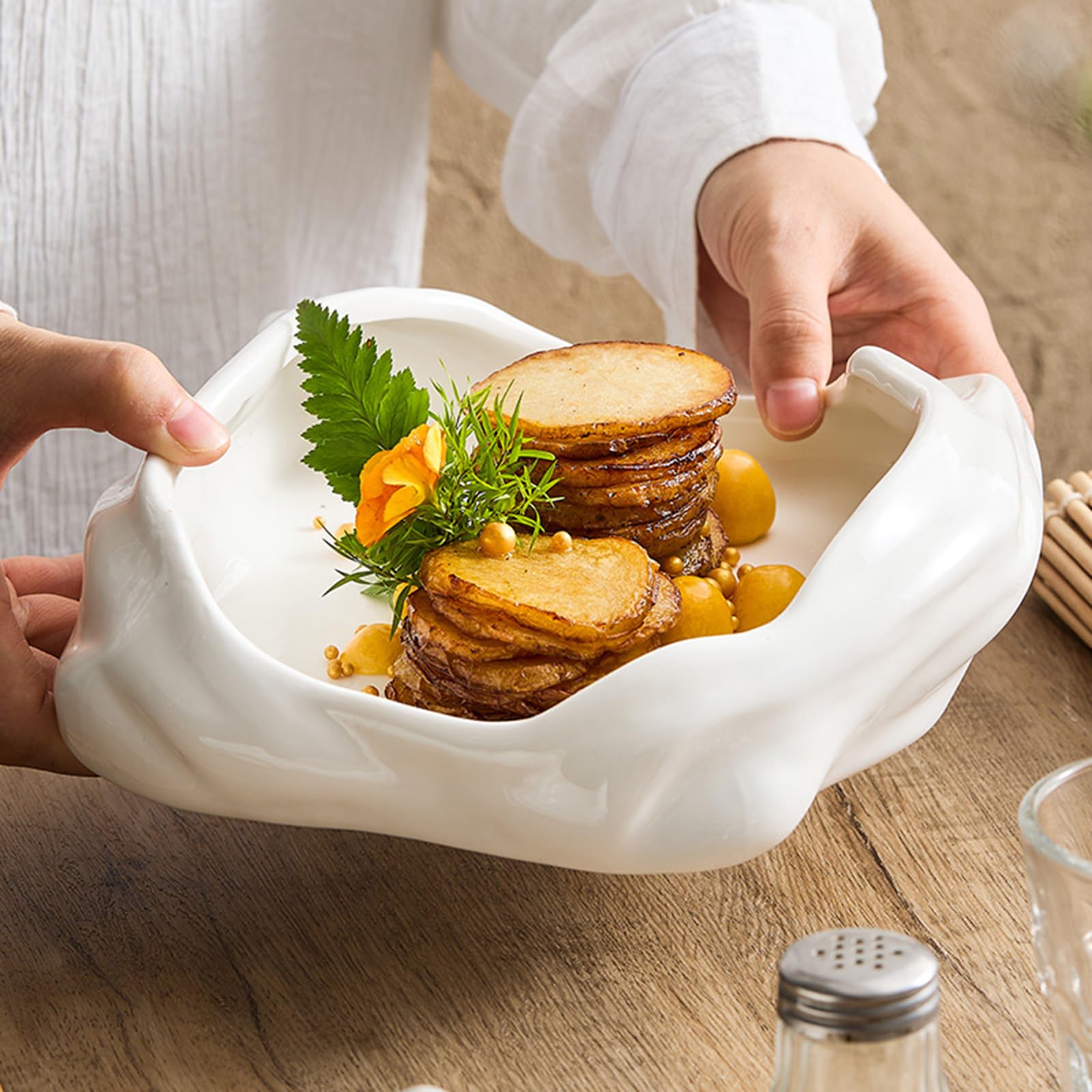 Plato De Ensalada De Cerámica con Forma, Plato De Borde Alto, Vajilla De Forma Moderna, Plato para Servir Mariscos, Aperitivos, Postres, Resistente A Los Arañazos(Size:23 * 20 * 6.5CM)