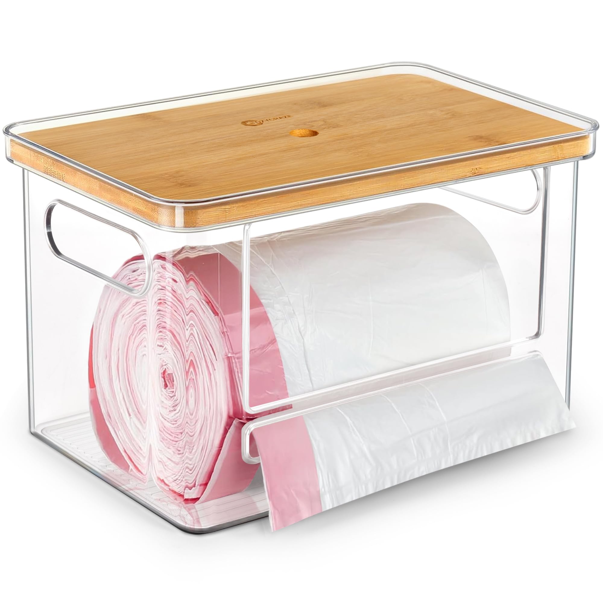 Dispensador de bolsas de basura apilable con parte superior de bambú, soporte extragrande para bolsas de basura con base antideslizante, dispensador de bolsas de basura debajo del fregadero