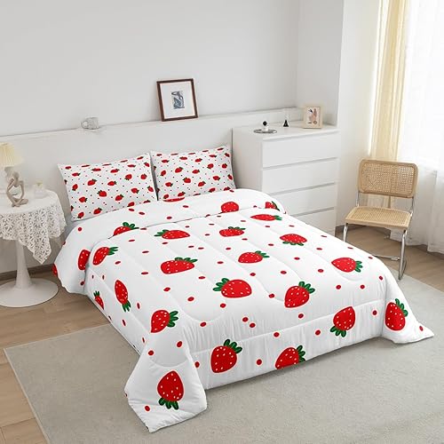Miniatura 2 de Lindo juego de edredón de fresa, tamaño individual, juego de ropa de cama de 2 piezas con lunares rojos y plantas, para niños, adolescentes, niñas,