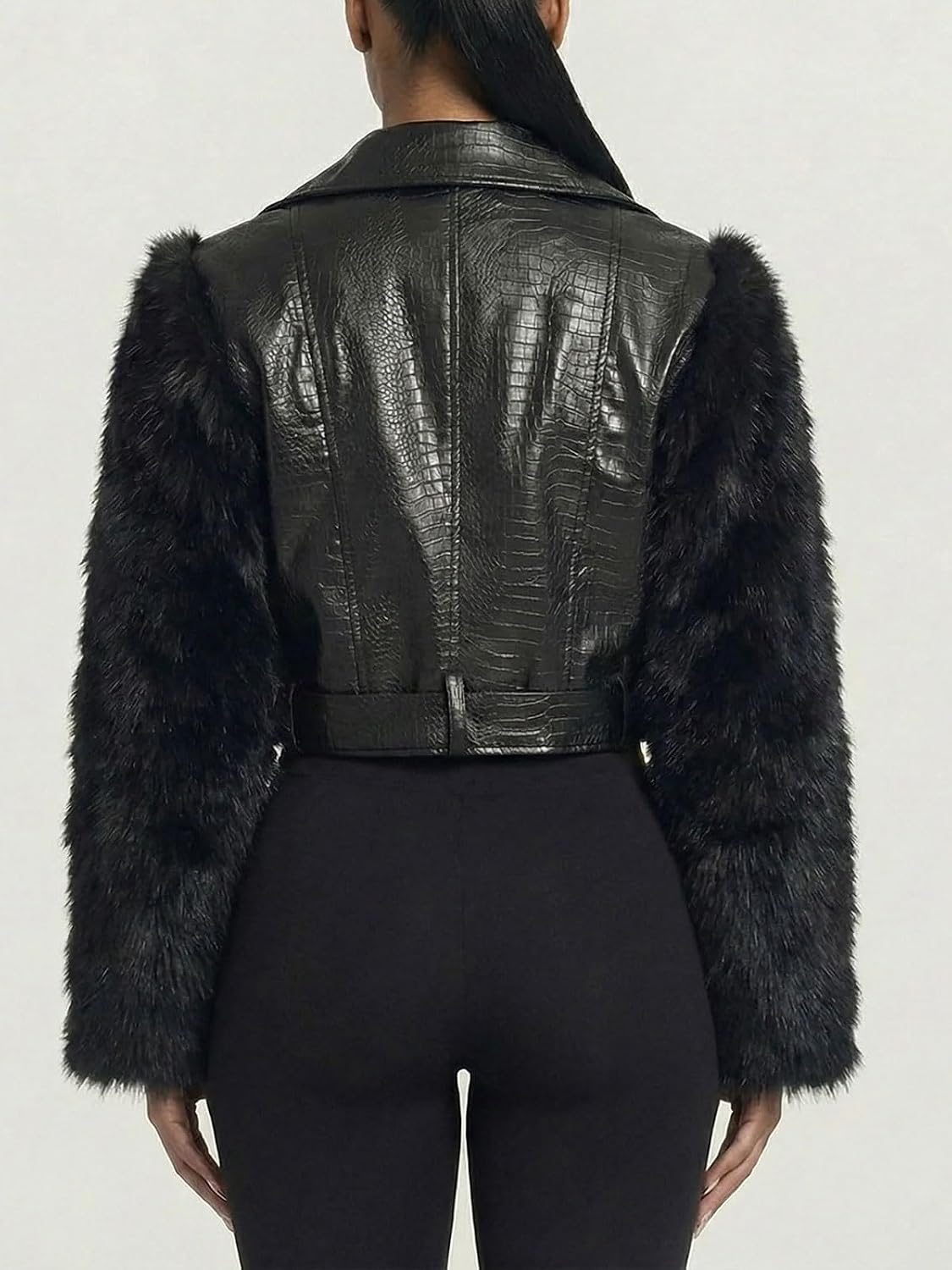 Akmipoem Leather Jacket Women Cropped PU Moto Coat Faux Fur Sleeve Short Biker Jackets Fall Streetwear with Belt