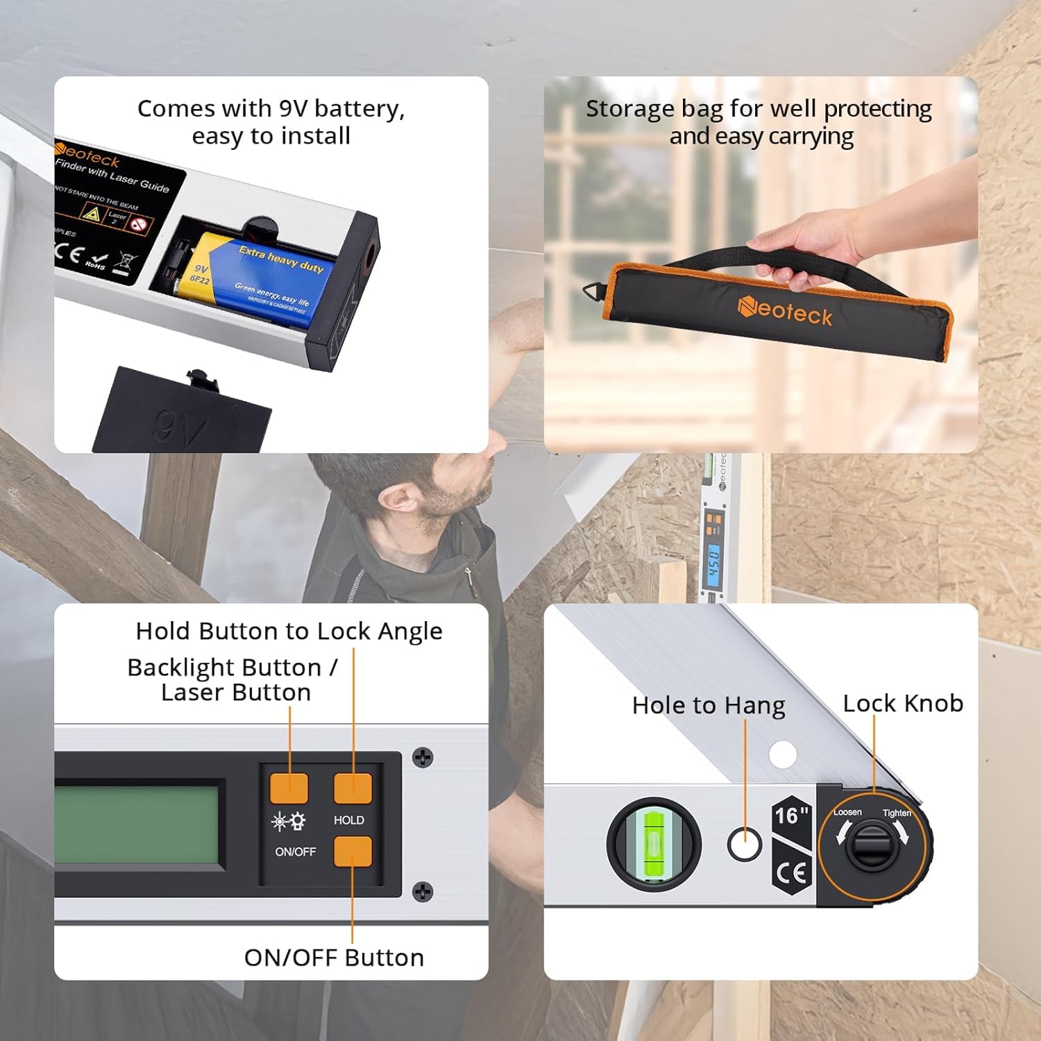 Neoteck Rapporteur d’Angle Laser 225° – Outil de Mesure d’Angle Numérique Précision ±0,5°, Règle d’Angle Aluminium avec Laser de Guidage, HOLD & Verrouillage, Bricolage, Menuiserie, Chantier - Argent