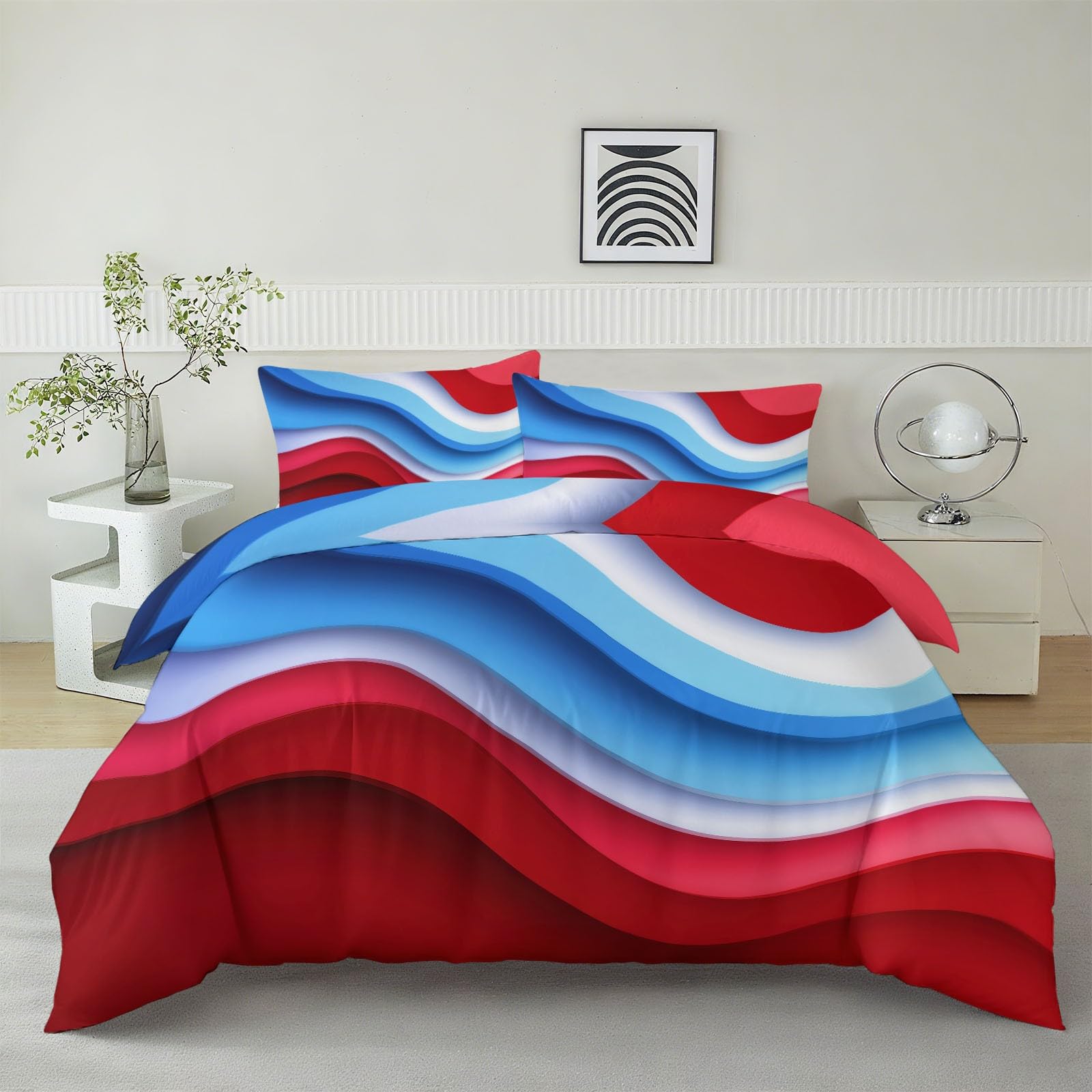 Parure de lit vagues abstraites rouge et housse de couette microfibre