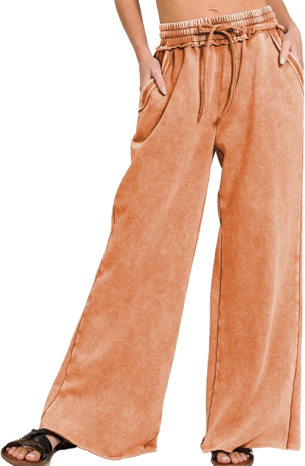 Ainangua Women Acid Wash Palazzo Sweatpants Casual High Waist Drawstring Wide Leg Pants Baggy Fleece Trousers with Pockets