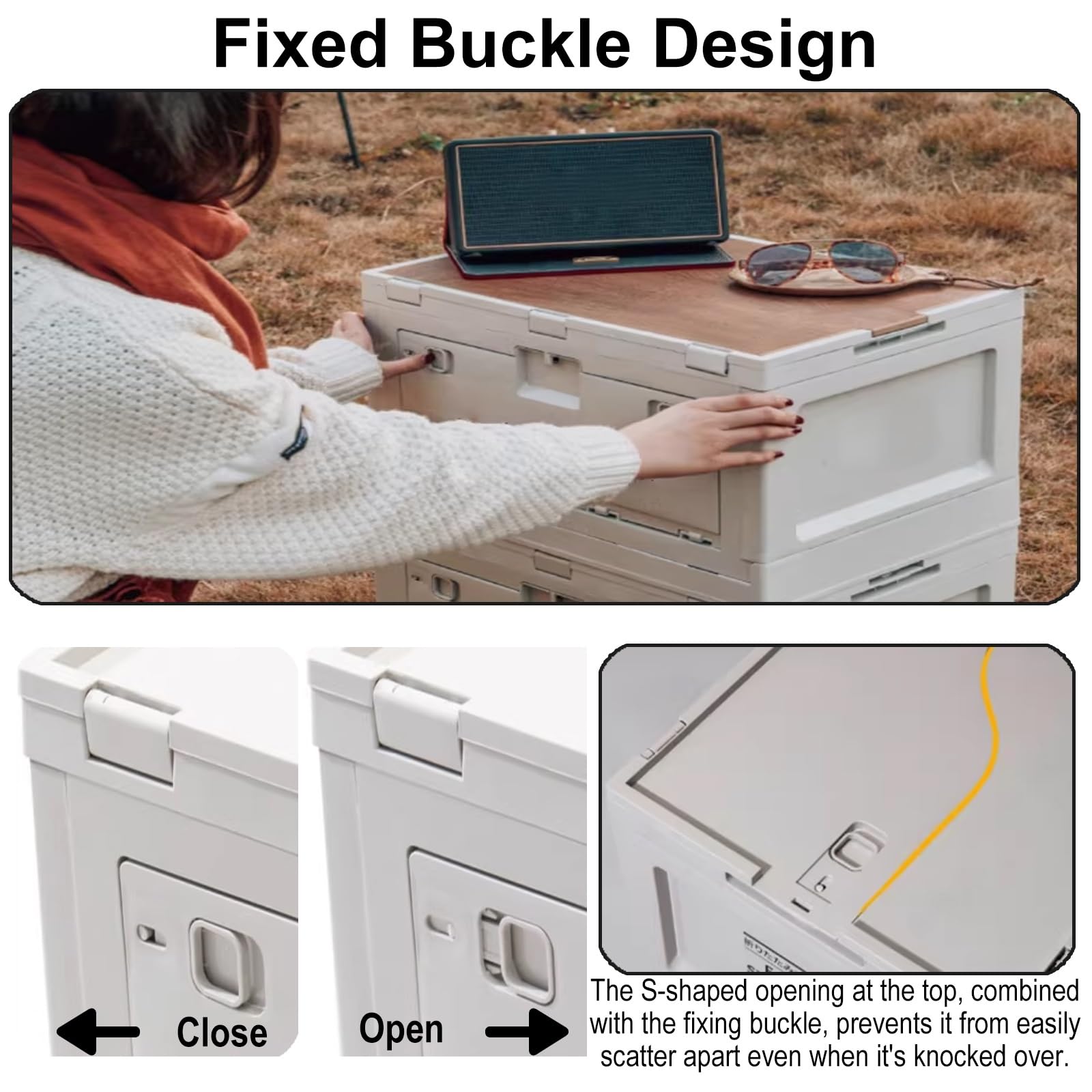 Plegable con tapa de madera, contenedor portátil de apertura de 2 vías, apilable, para camping, hogar, uso al aire libre (mamá)