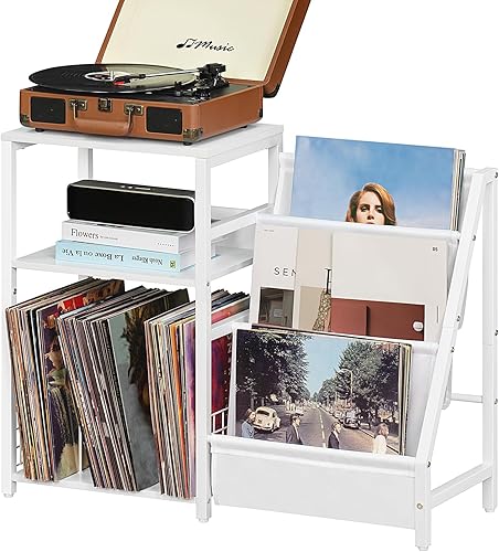 Miniatura 7 de Mesa para tocadiscos, estante giratorio con almacenamiento de vinilo de hasta 150 álbumes, mesa auxiliar blanca con estante para libros periódicos