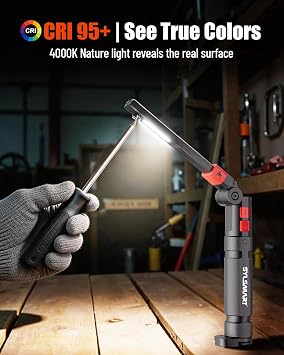 Magnetic Work Light with Red Beam, 1300LM Rechargeable Mechanic Flashlight CRI 95+ True Color, 4600mAh Under Hood Light with Magnetic Base for Car Repair, Garage & DIY