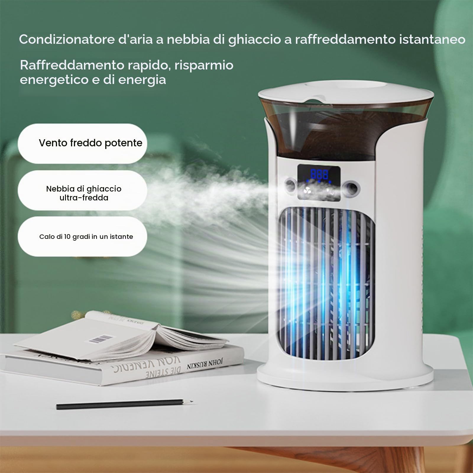 Raffreddatore D'Air Silenzioso Ad Evaporazione, Raffreddamento Con Nebbia Fredda, 3 Velocità Di Ventilazione, Serbatoio D'Acqua Da 880ml, Senza Tubo Di Scarico, Per Camera, Ufficio, Campeggio (Bianco)