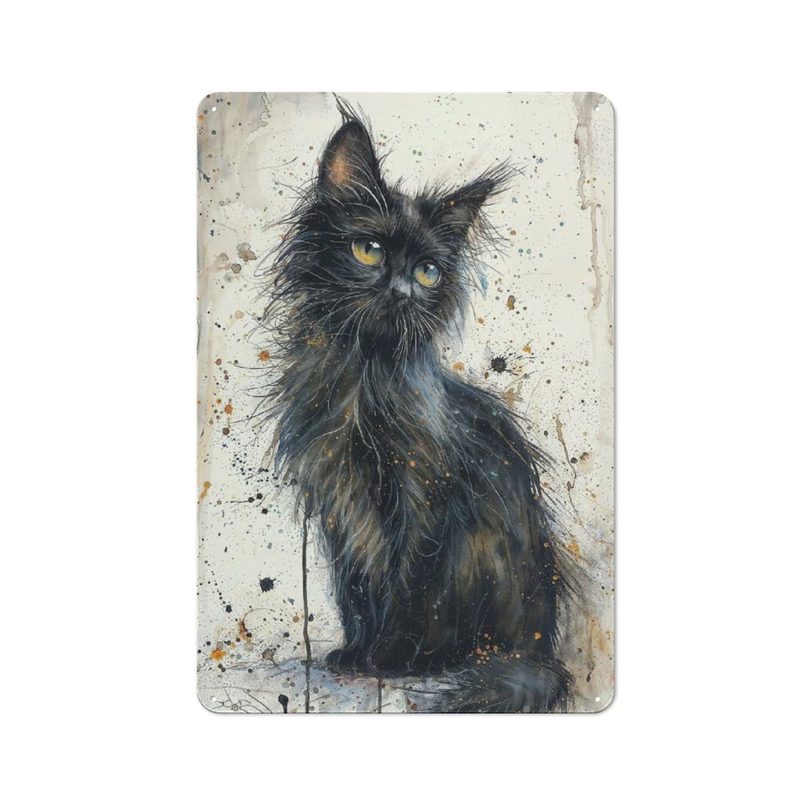 Vintage Cafe Metal Sign 30x20cm Featuring Enchanted Black Kitten, Bistro Wall Plaque for Cafe, Bistro, Bakery Or Restaurant