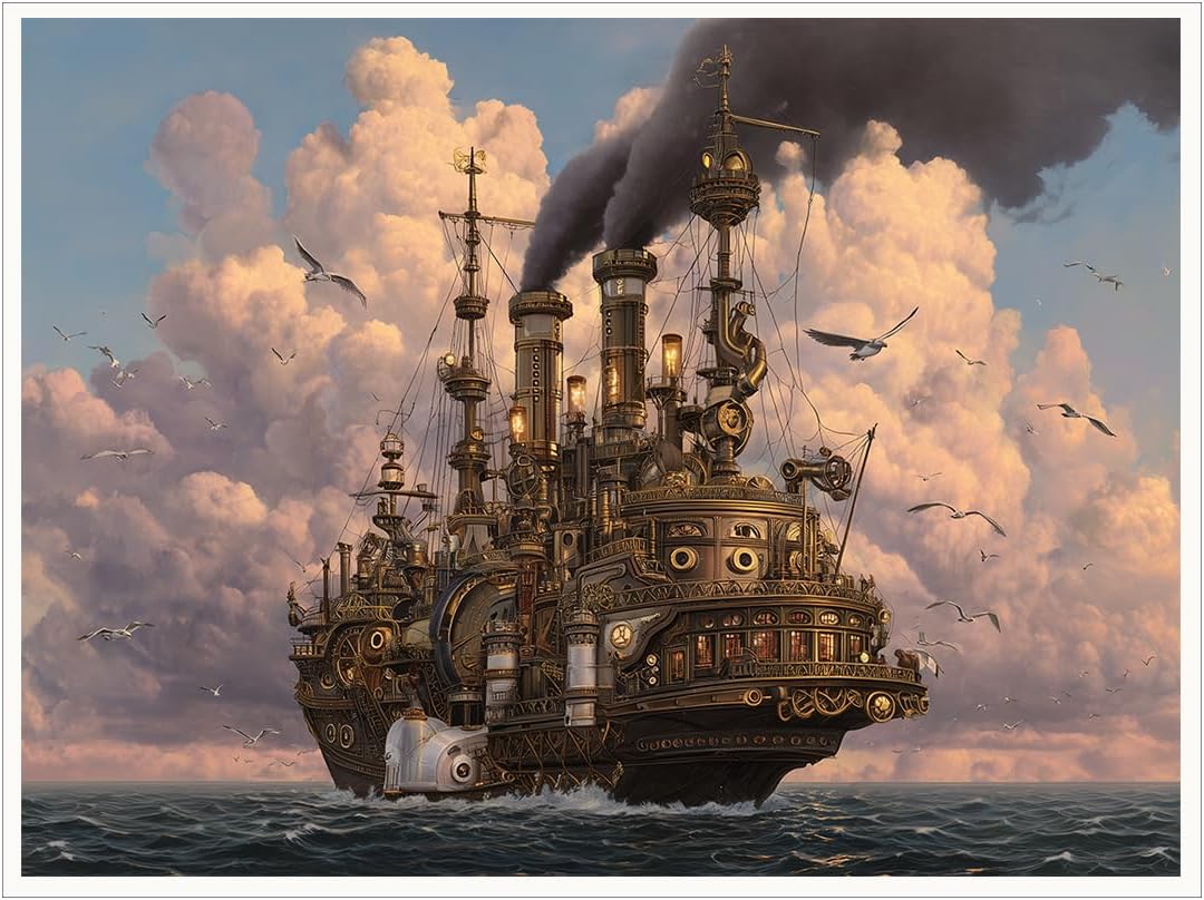 Steampunk Train Wall Art – Retro Industrial Locomotive Canvas Print, Mechanical Steam Engine Poster, Vintage Railway Artwork for Man Cave Decor 24x36in Wood Frame