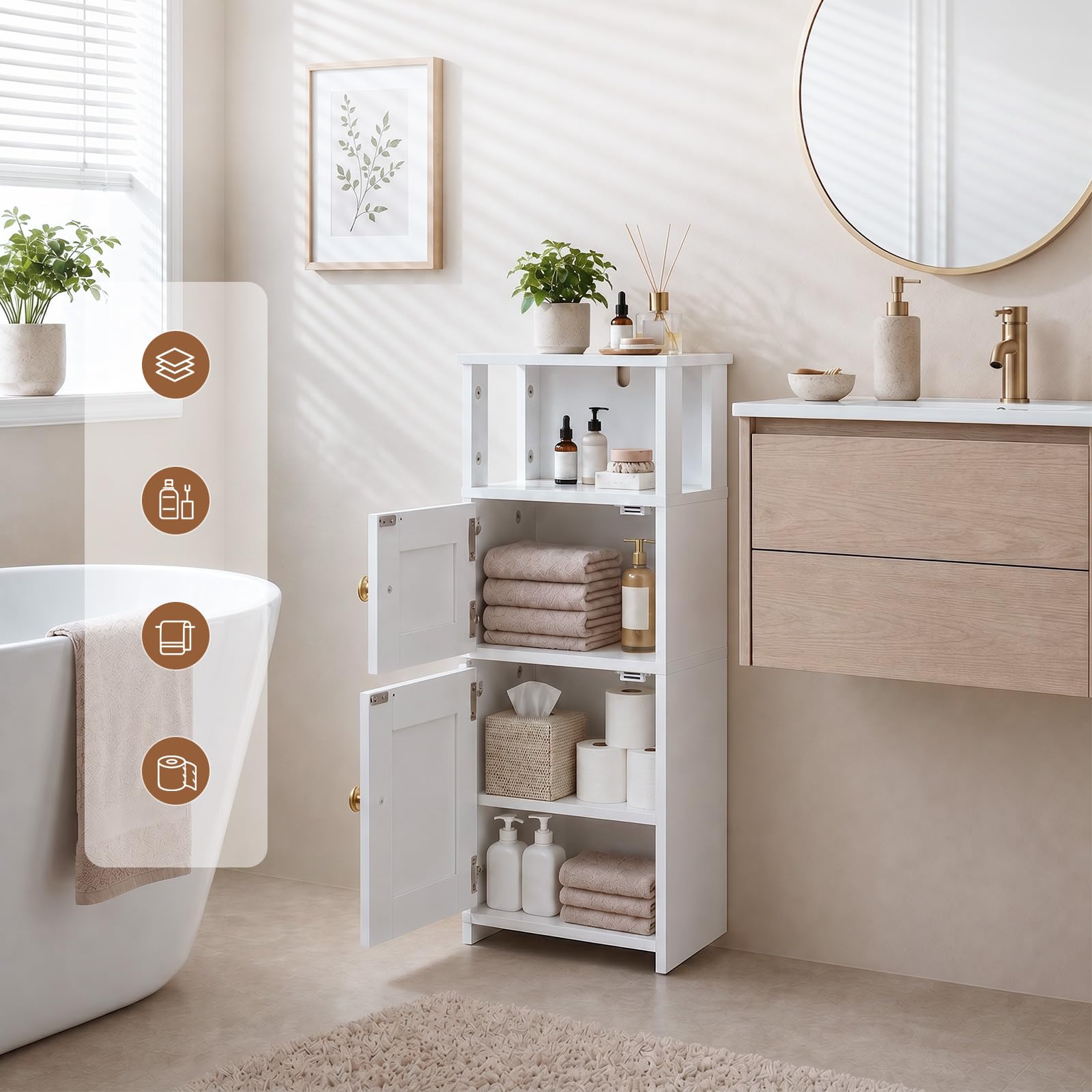 HOOBRO Armario de Almacenamiento para Baño, Mueble de Baño Estrecho y Compacto, Armario Alto Independiente con Estante Ajustable, para Lavandería, con Espacio Abierto y Oculto, Blanco EWT42BC01
