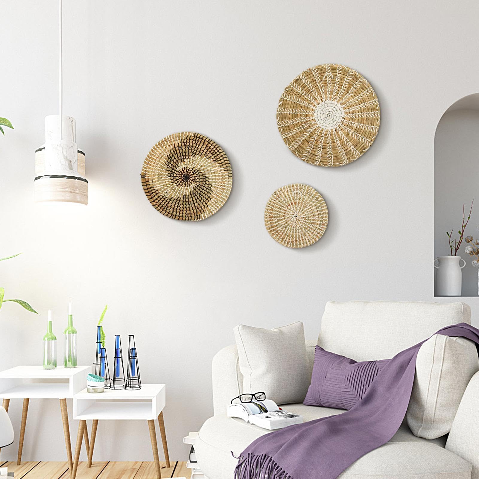 Genérico Decoración de pared de cesta tejida | Juego de 3 cestas tejidas para decoración de pared, cestas planas de mimbre Natural para colgar, decoracións bohemia para sala de estar o dormitorio