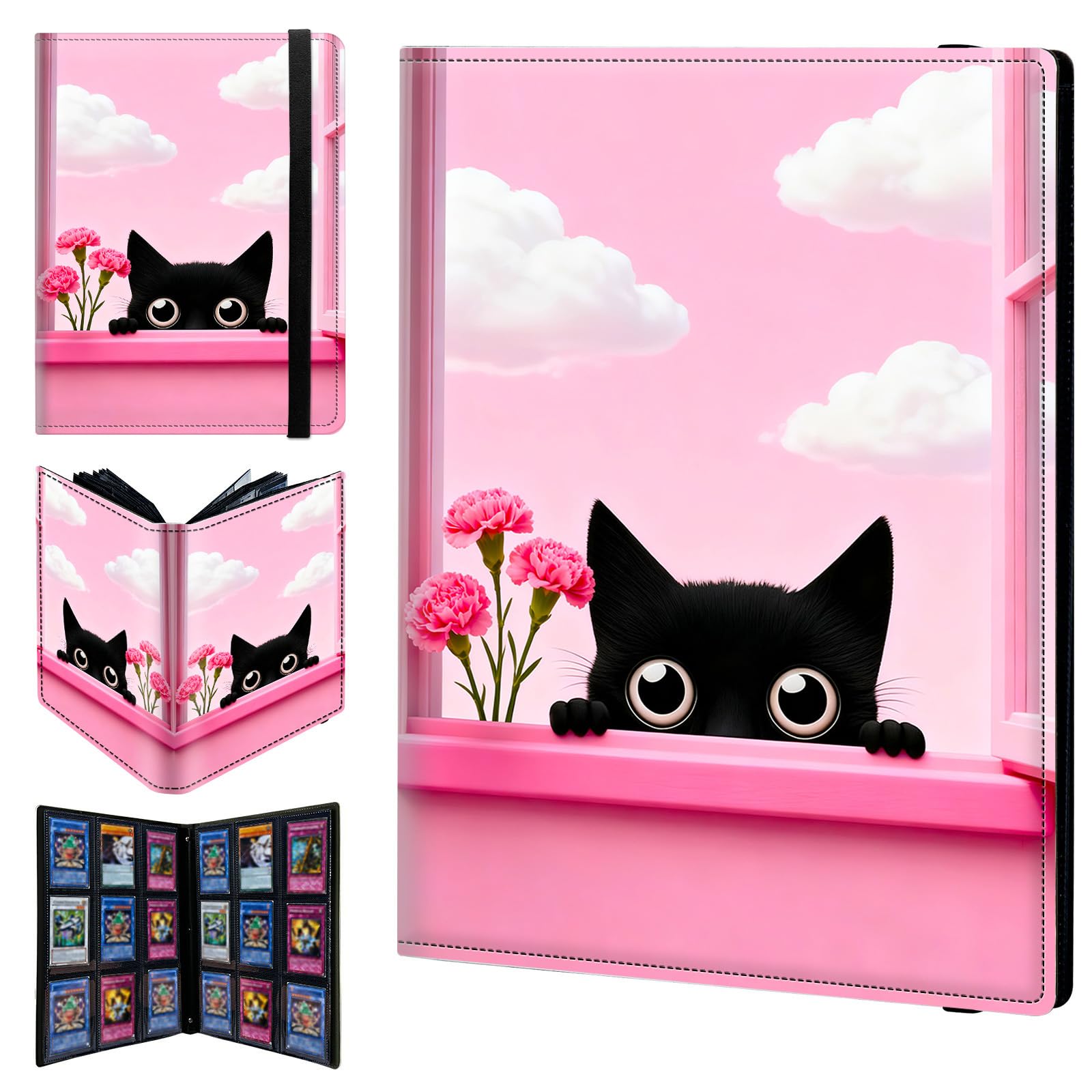 9 Pocket Trading Card Binder 720 Side Loading Pocket Album with Pink Flowers & Cat Pattern Design Card Binder for Sports Cards & Game Cards — image 1