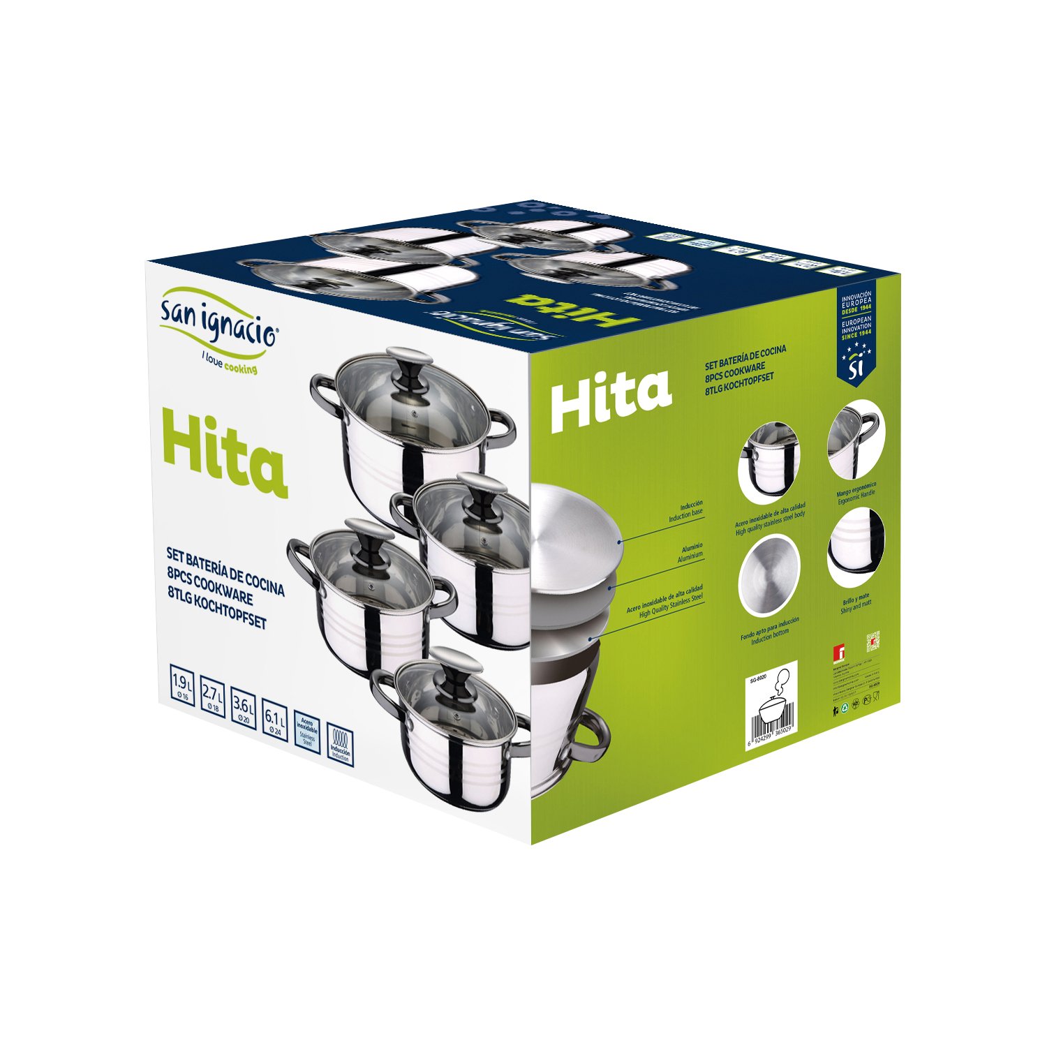Set, 8 Teile, Edelstahl, mit Glasdeckeln, geeignet für Induktion, Kollektion Altea, Durchmesser: 16 cm / 18 cm / 20 cm und 24 cm, Chrom