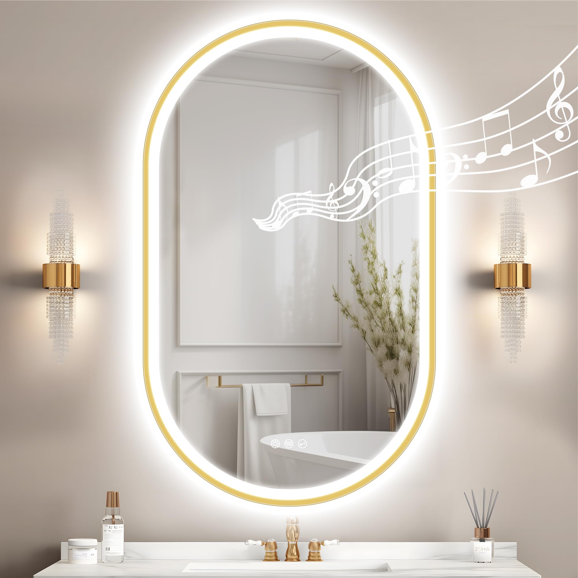 STARLEAD Dorado Espejo-Baño-Ovalado-con-Luz y Bluetooth 100x60cm, Espejo-Baño-LED con Antivaho, Regulable, 3 Colores Luz, Memoria, IP44, Vidrio Templado, Horizontal/Vertical, Marco No Metálico