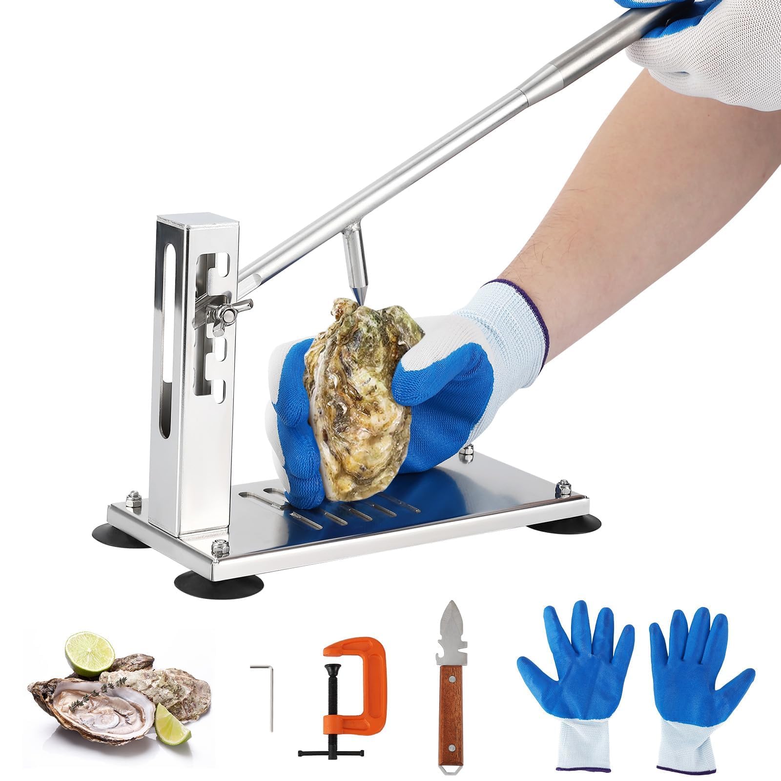 Ouvre-Huîtres Professionnel 5 Niveaux Réglables, Décortiqueur d'Huîtres en Acier Inoxydable Alimentaire, Double Fixation Ventouse & Étau, Kit Complet Couteau+ Gant Anti-Coupure pour Cuisine Restaurant