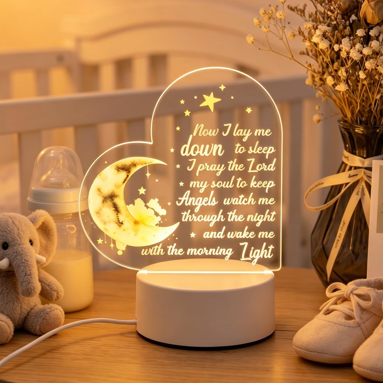 Foribyw Baptism Night Light, Heart Shaped Prayer Lamp with 3 Colour Settings, Shatterproof Acrylic Nursery Light for Baby Room Decor, Meaningful Naming Day Christening Gift for Boys, Girls