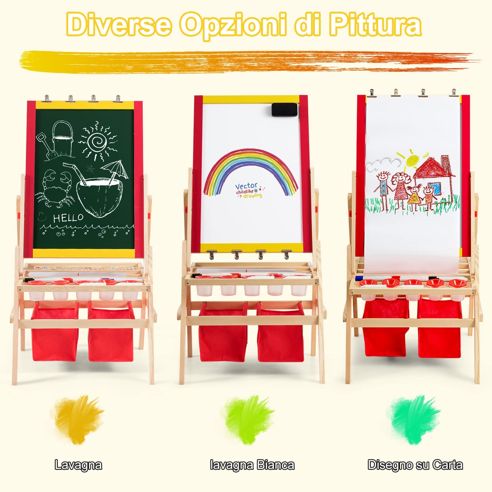 RELAX4LIFE Cavalletto per Bambini, Lavagnetta in Legno di Pino Double Face, Cavalletto Pittura per Bambini con Struttura Triangolare Stabile, Lavagna Multiattività con Lettere, 52,5x51,5x106,5 cm