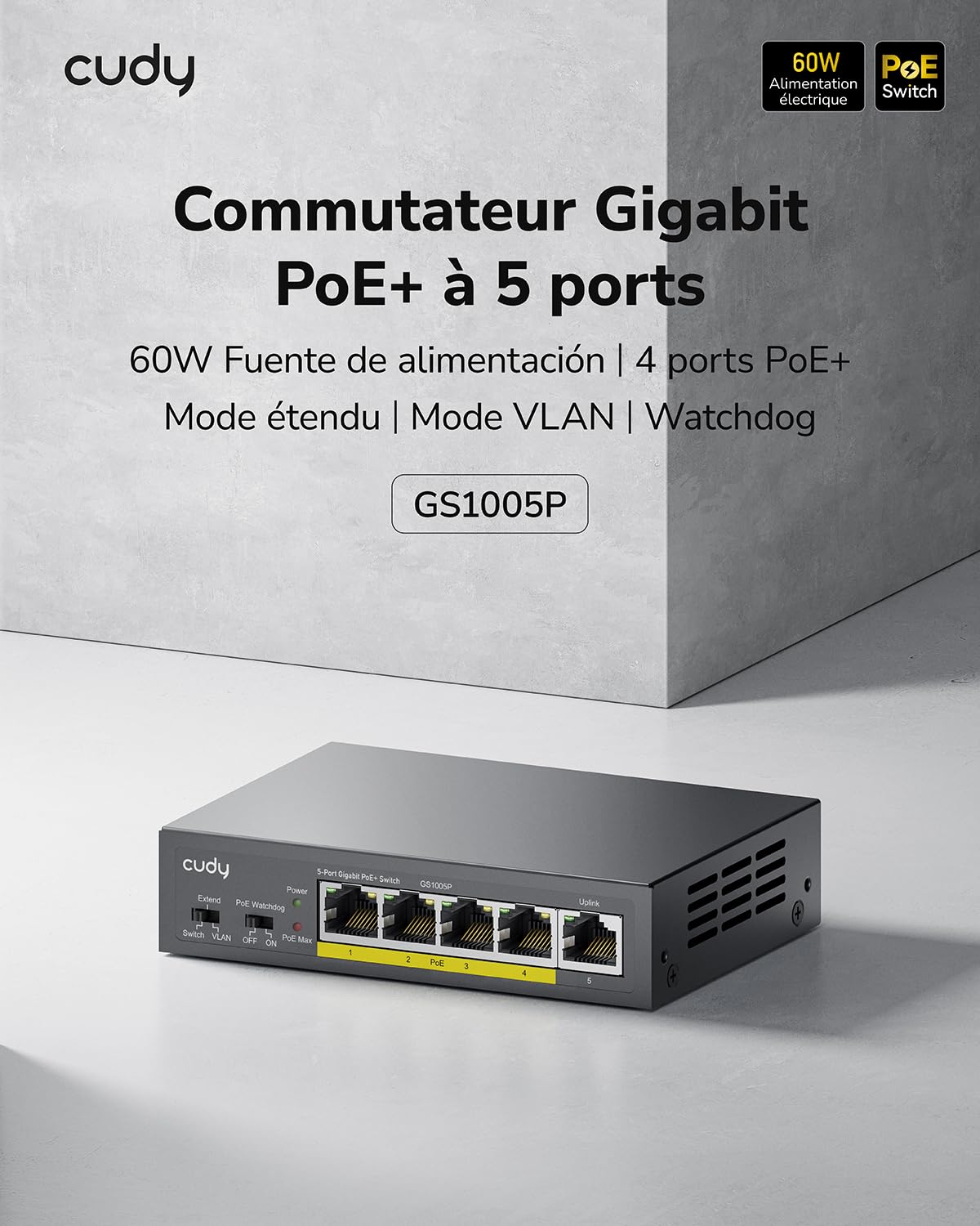 Cudy GS1005P Commutateur Ethernet Gigabit 5 Ports Poe+ 60 W, 4 Ports 10/100/1000 Mbps Poe+, Switch Unmanaged, Pas d'alimentation supplémentaire, 802.3af/at | 4 ports GbE 802.3af/at 30 W, 1 port GbE en amont, capacité de 10 Gbit/s, isolation des ports/mode