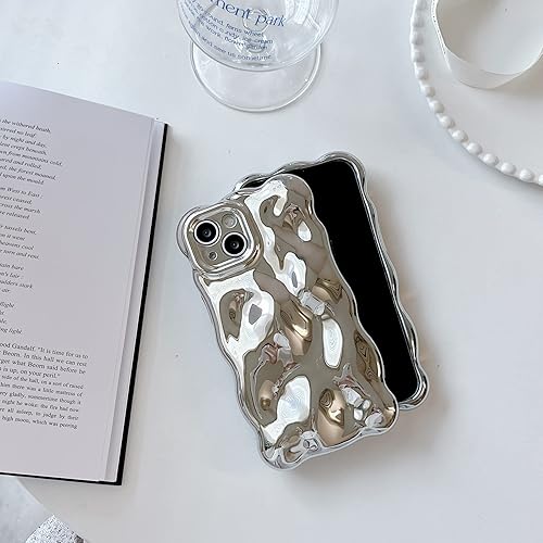 Miniatura 7 de Funda compatible con iPhone 15, diseño de burbujas onduladas 3D, color plateado, cromado, suave, brillante, cámara, a prueba de golpes, para mujeres