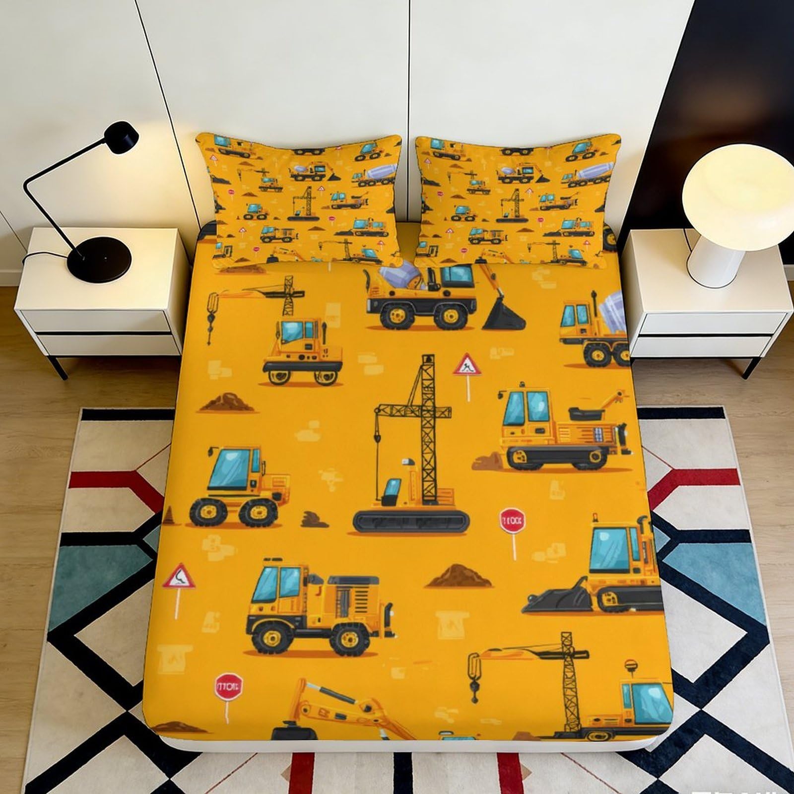 3D Printed Construction Vehicles Fitted Sheet Microfiber Yellow Excavator Mattress Cover Anti-Slip for Bedroom Dorm Room Decor 160x200x25cm