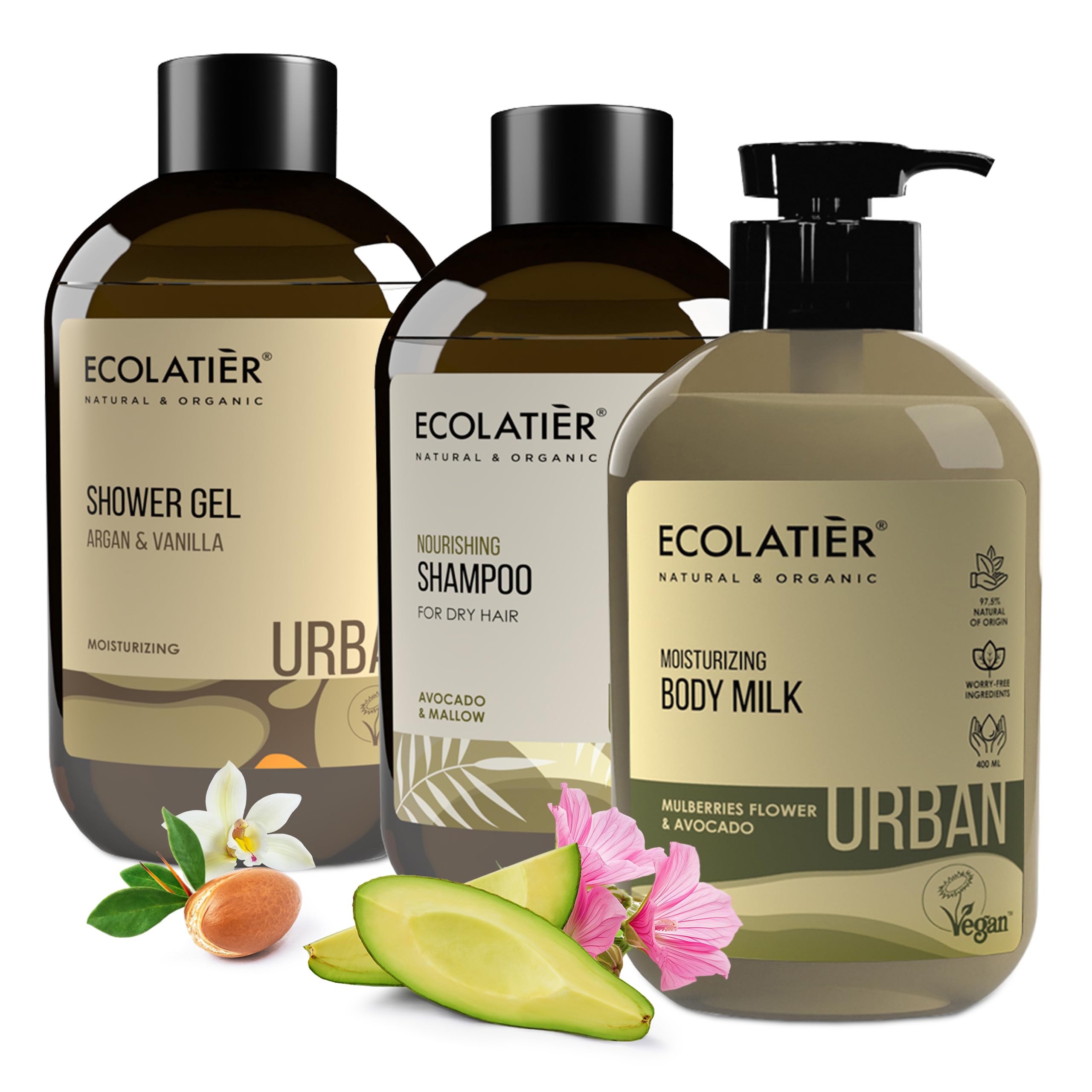 ECOLATIÈR Shower Gel Argana & Vanilla, Nourishing Shampoo for Dry Hair, and Moisturizing Body Milk Bundle - Deep Hydration, Skin & Hair Care, Vitamins B5, B6, C, E