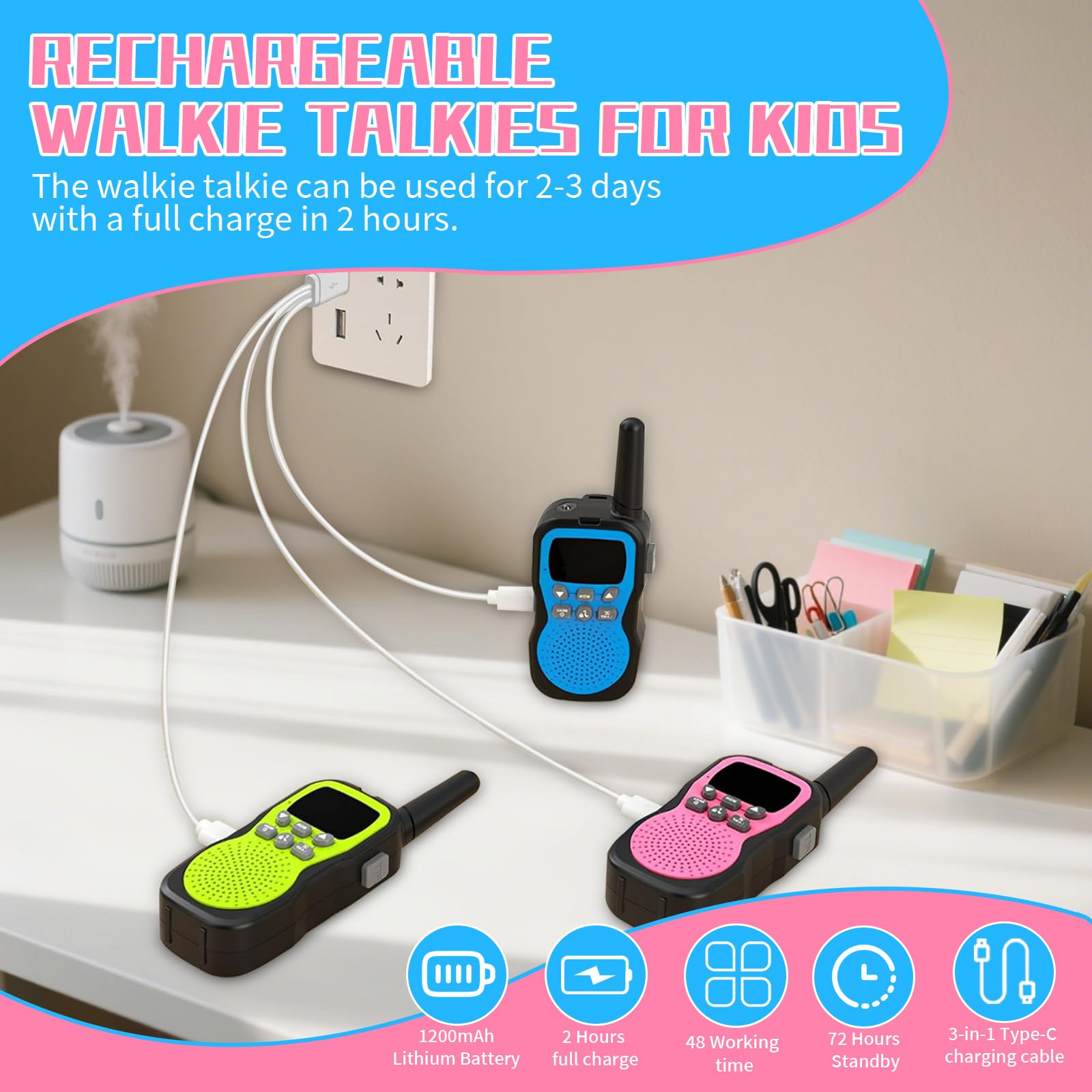 Walkie Talkies para niños, 3 unidades, recargable, 1.9 mi, de mano, de largo alcance, radio de 22 canales, 2 vías, regalos de fiesta de cumpleaños para niñas de 3 a 12 años, exteriores 4