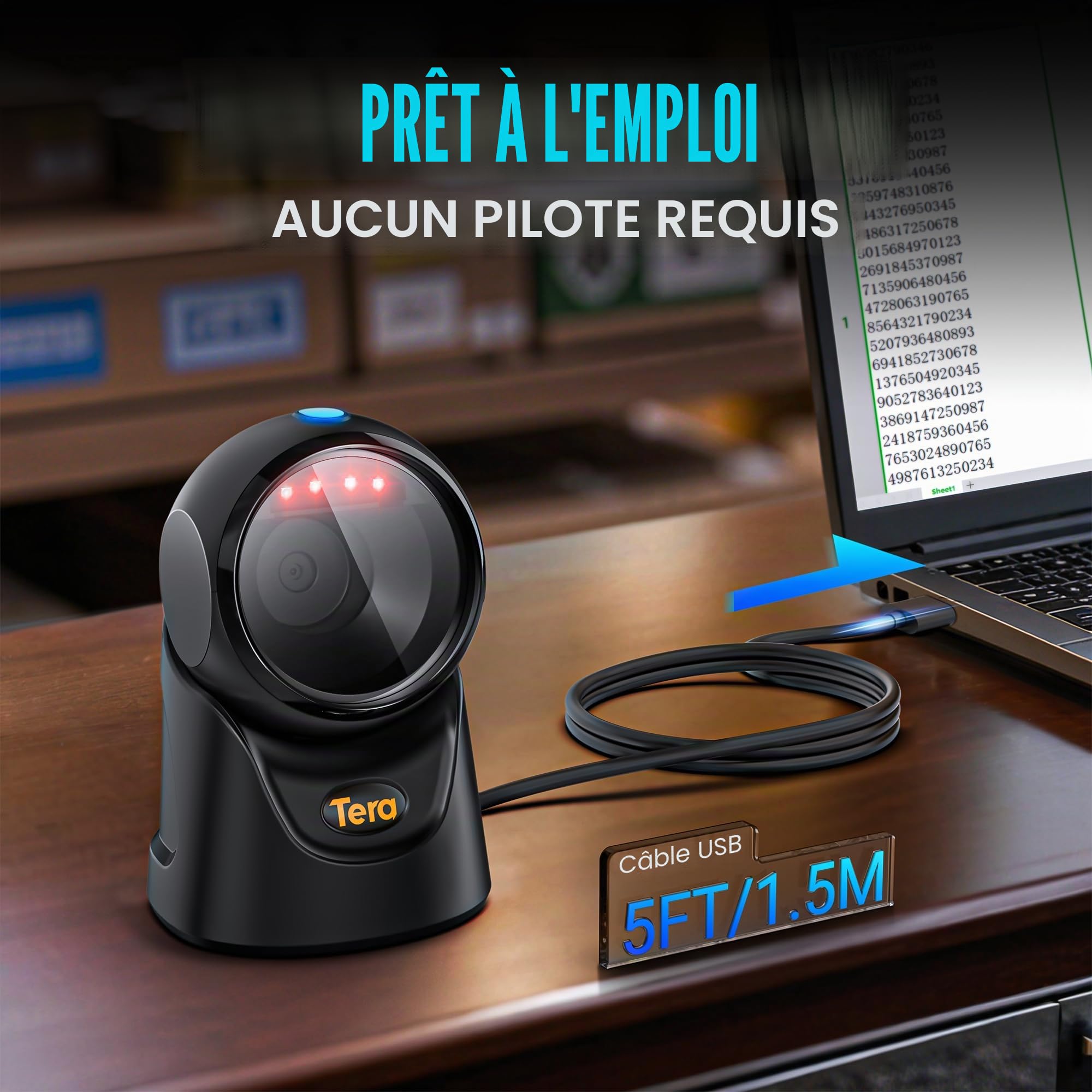 Tera Lecteur de codes-barres omnidirectionnel : lecteur de code QR 1D 2D mains libres USB filaire angle réglable, Plug and Play pour point de vente, supermarché, entrepôt, magasin de détail, hôpital