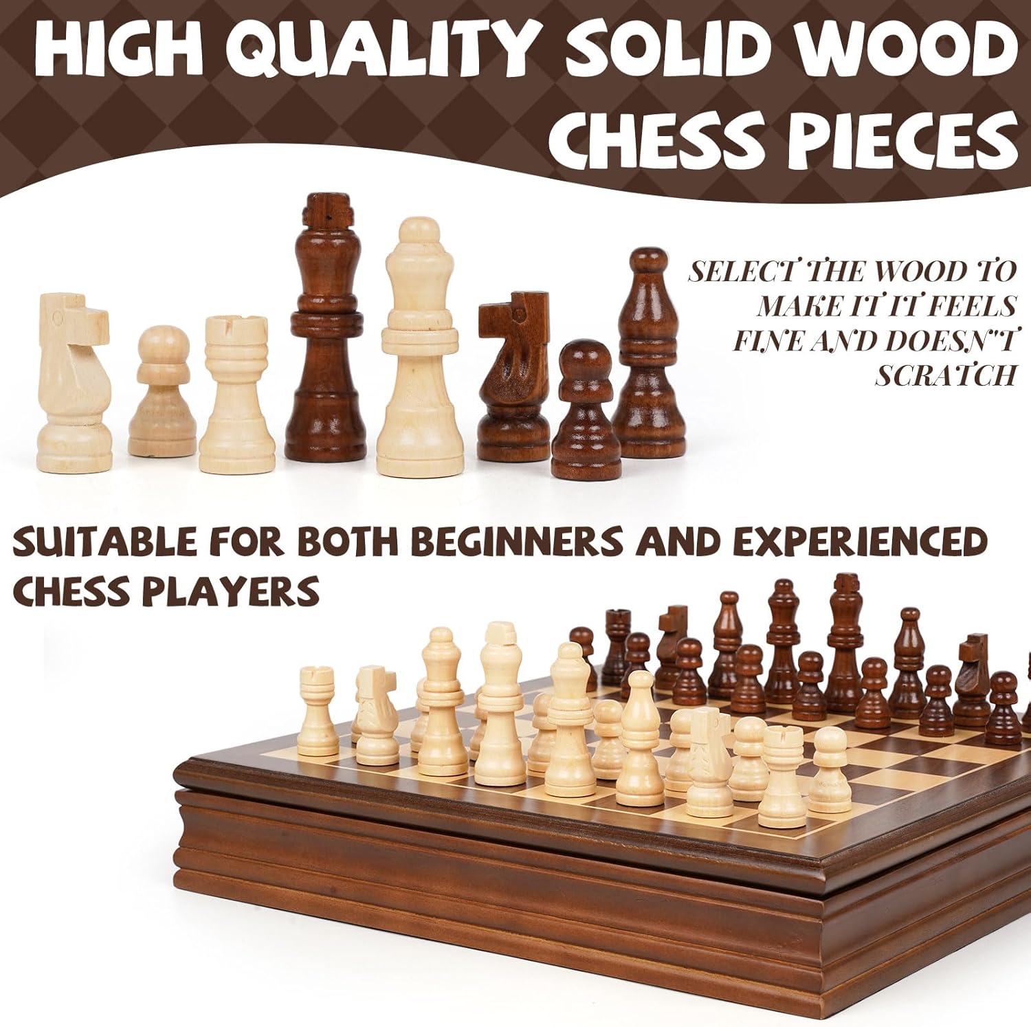 Magnetic Wooden Chess Set for Adults and Kids 12'' Chess Board with Handmade Magnetic Chess Pieces with 2 Extra Queens, Classic Strategy Game, Educational Board Game Gift