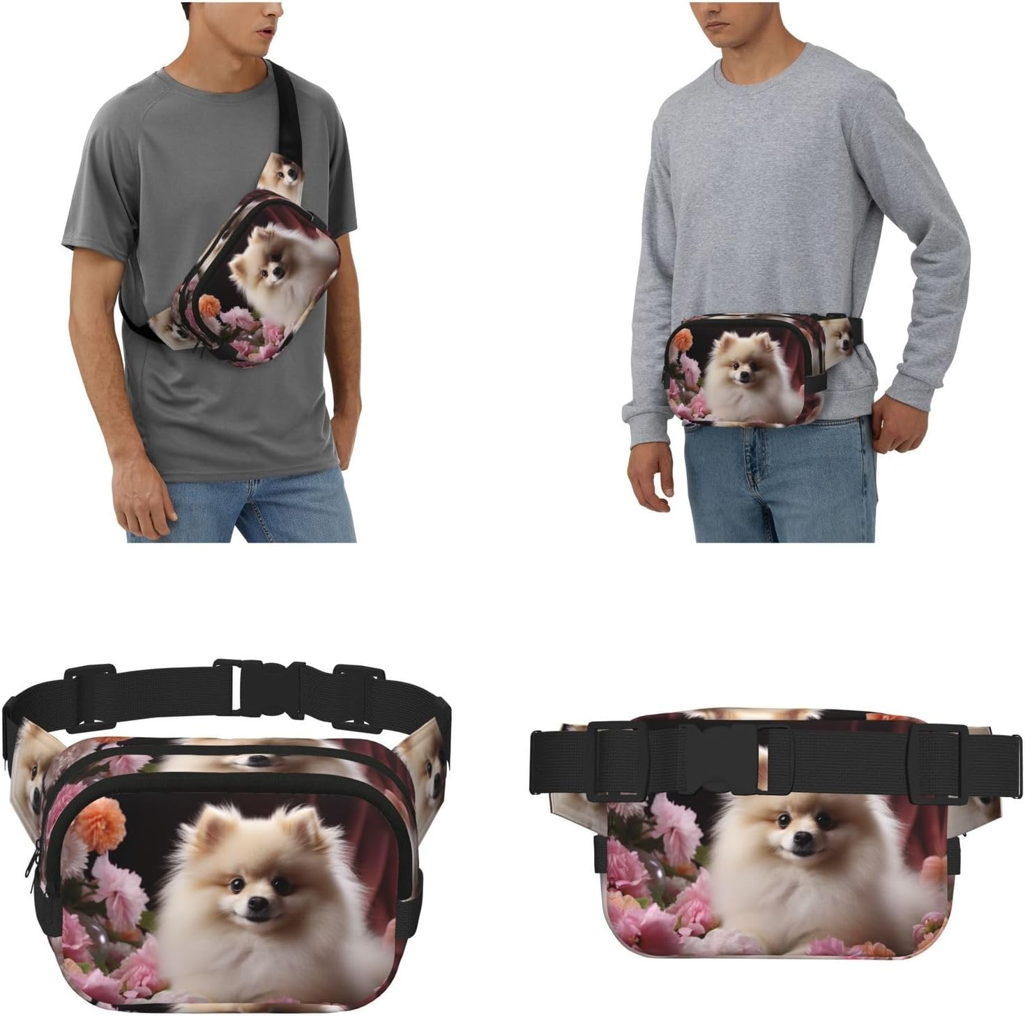 Pomeranian and flowers Fanny Pack for Women Men Fashion Waist Pack Adjustable Belt Bag for Workout Running Travelling Casual Waist Bag