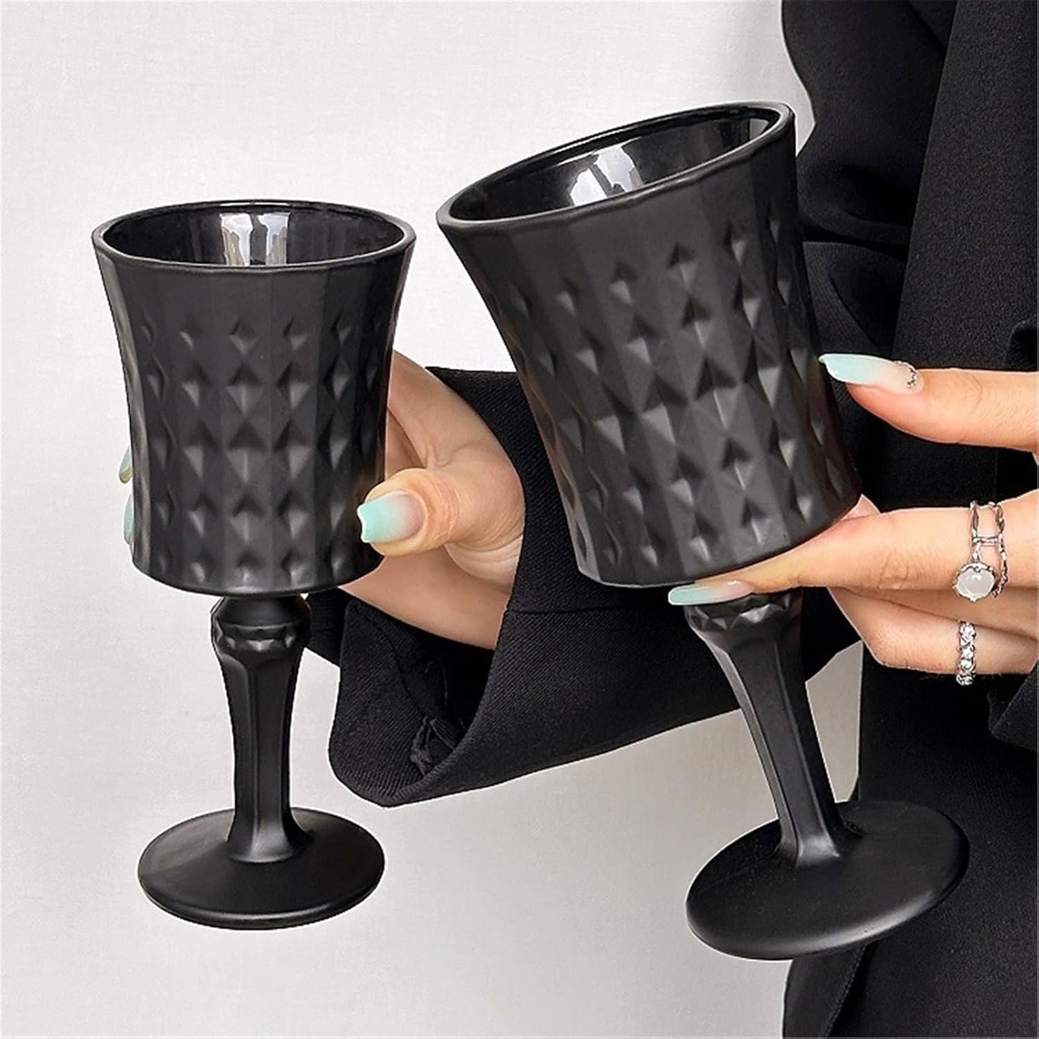 Glass Tea Cup Vintage Glass Goblet, Fancy Frosted Black Embossed Stemmed Glassware, 150ml Cappuccino Cups(Small)