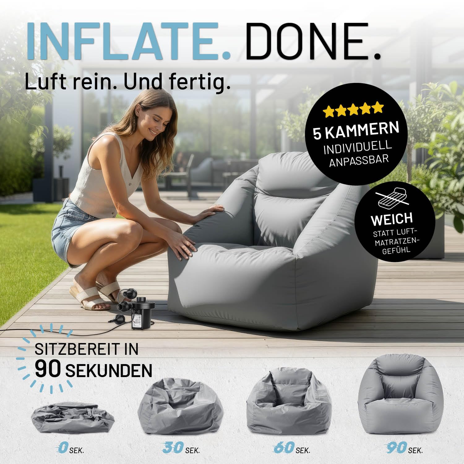 Lumaland Puf Hinchable para Camping para Exteriores, soporta hasta 150 kg, Regulable de 5 cámaras, Lavable, Repelente al Agua, 87 x 95 x 80/35 cm, inflado rápido para Playa y Co.