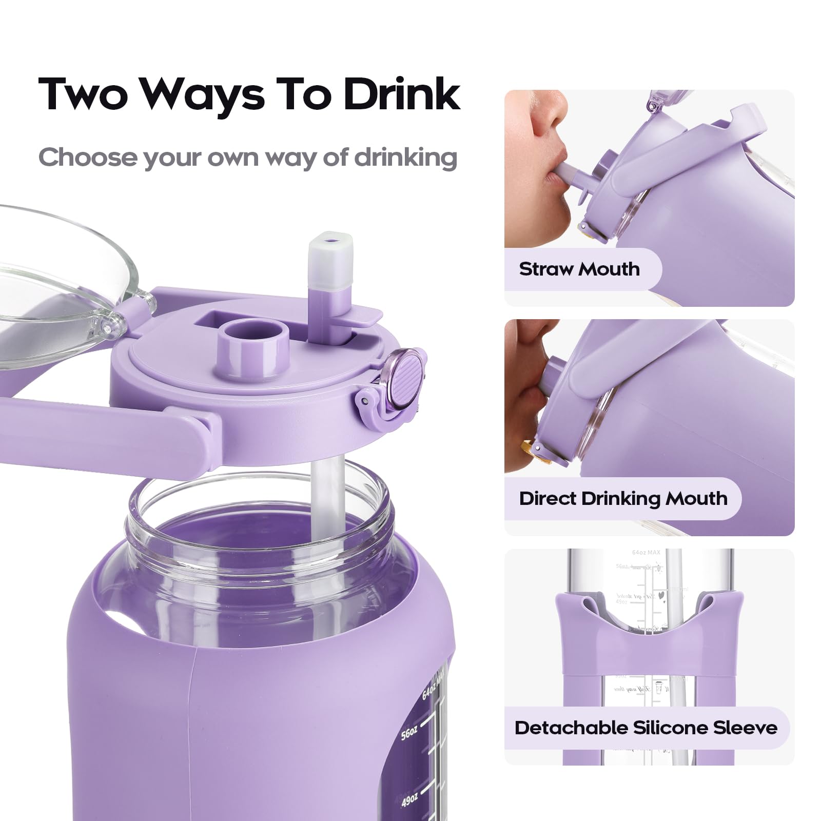 chunmo Grande bouteille d'eau de motivation en verre avec marqueur de temps avec manchon en silicone et couvercle à poignée - 2,2 l - Pour le sport