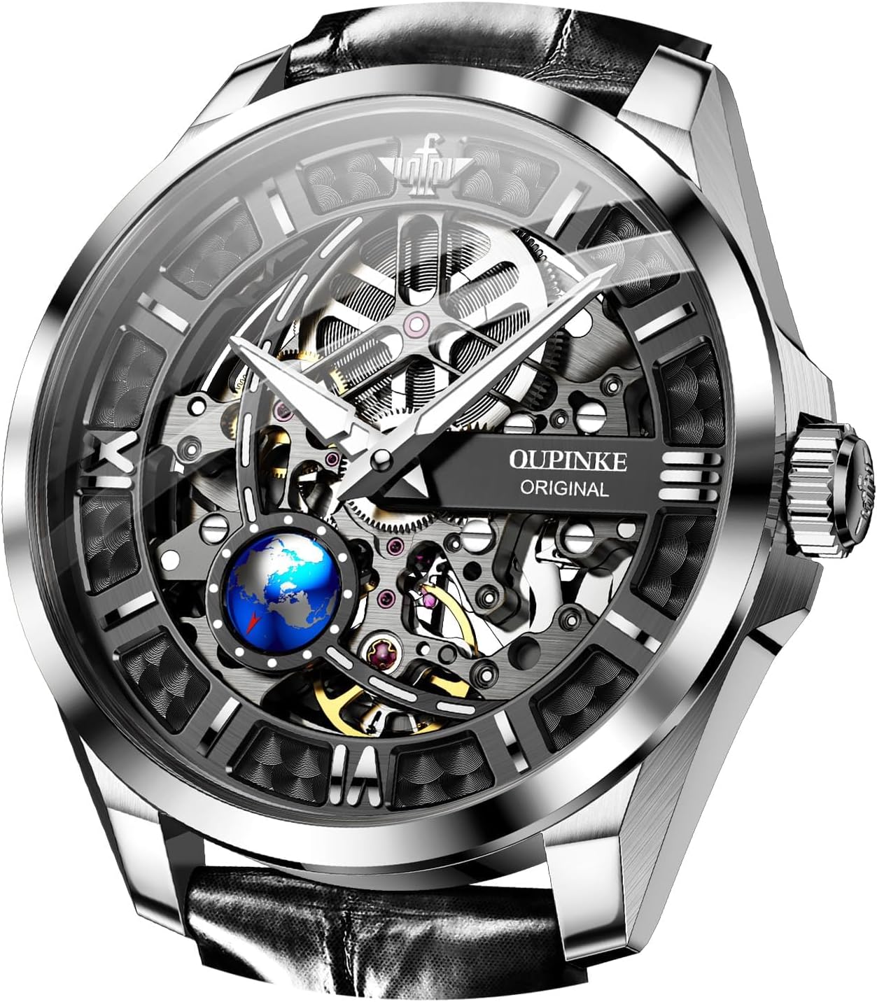 OUPINKE Skeleton Mens Automatic Watches Mechanical Luxury Dress Leather Self Winding Waterproof 50M/5ATM Luminous Watches for Men