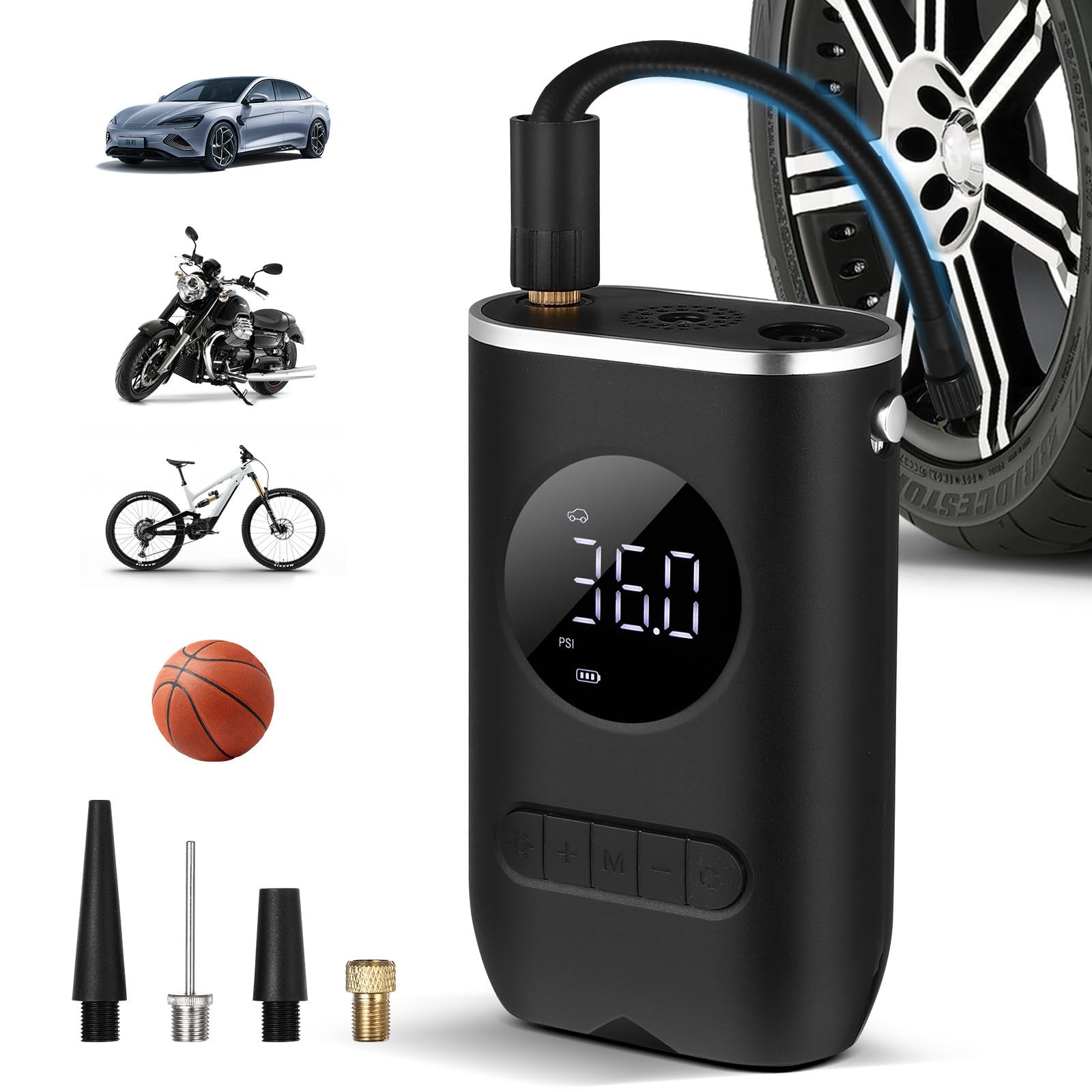 Inflador de Neumáticos Portátil Inalámbrico para Coche 70w 7, 4v | 4000mah, Pantalla Digital LED y Cuatro Modos de Inflado, Abs Negro Boquillas y Cable de Alimentación