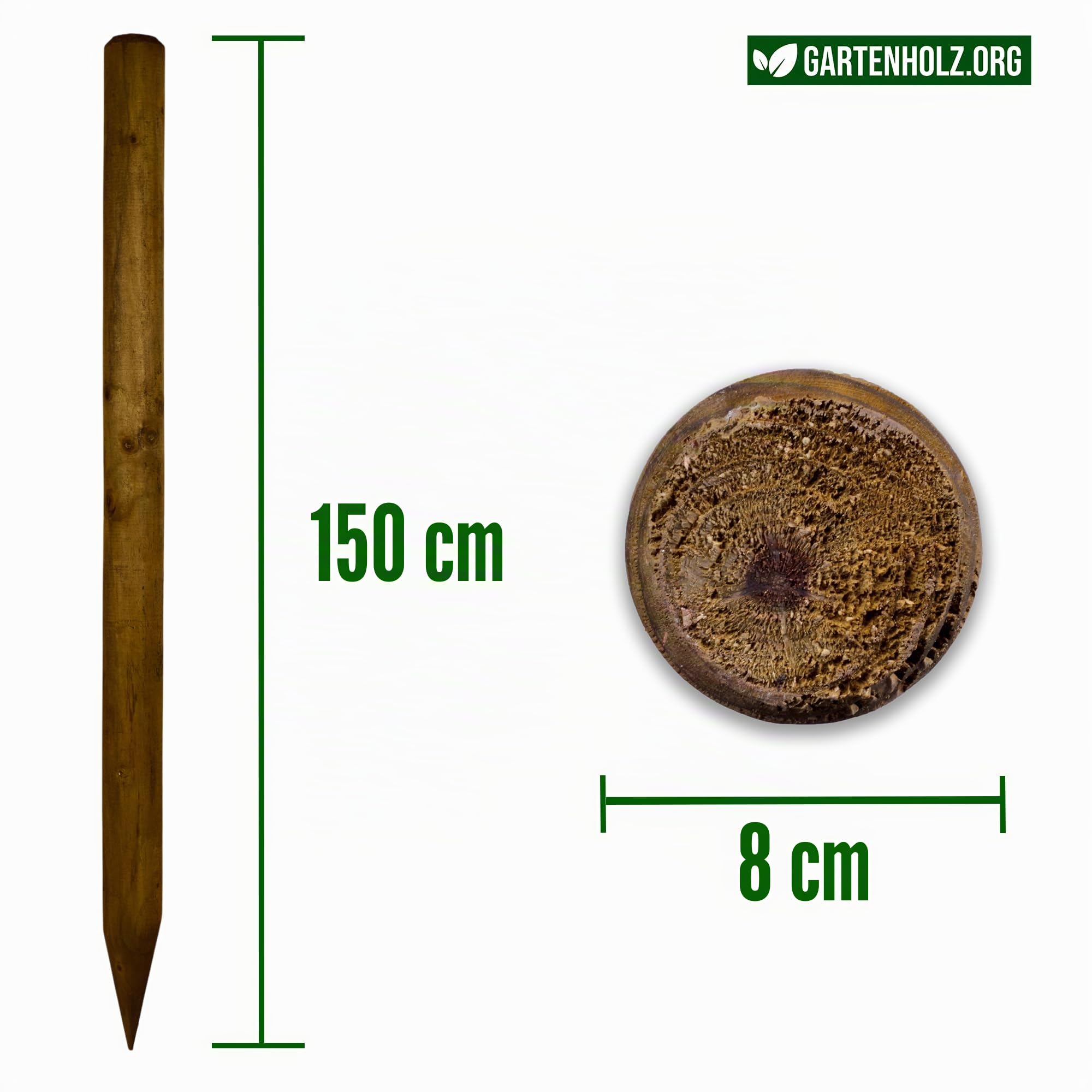 10 Stück Rundholzpfähle KDI Braun – Ø 8 cm, imprägniert & wetterfest, wählbare Längen (100 cm, 125 cm, 150 cm) – stabile Holzpfähle für Zaunbau, Baumpfähle, Pflanzstützen (150 cm Länge)