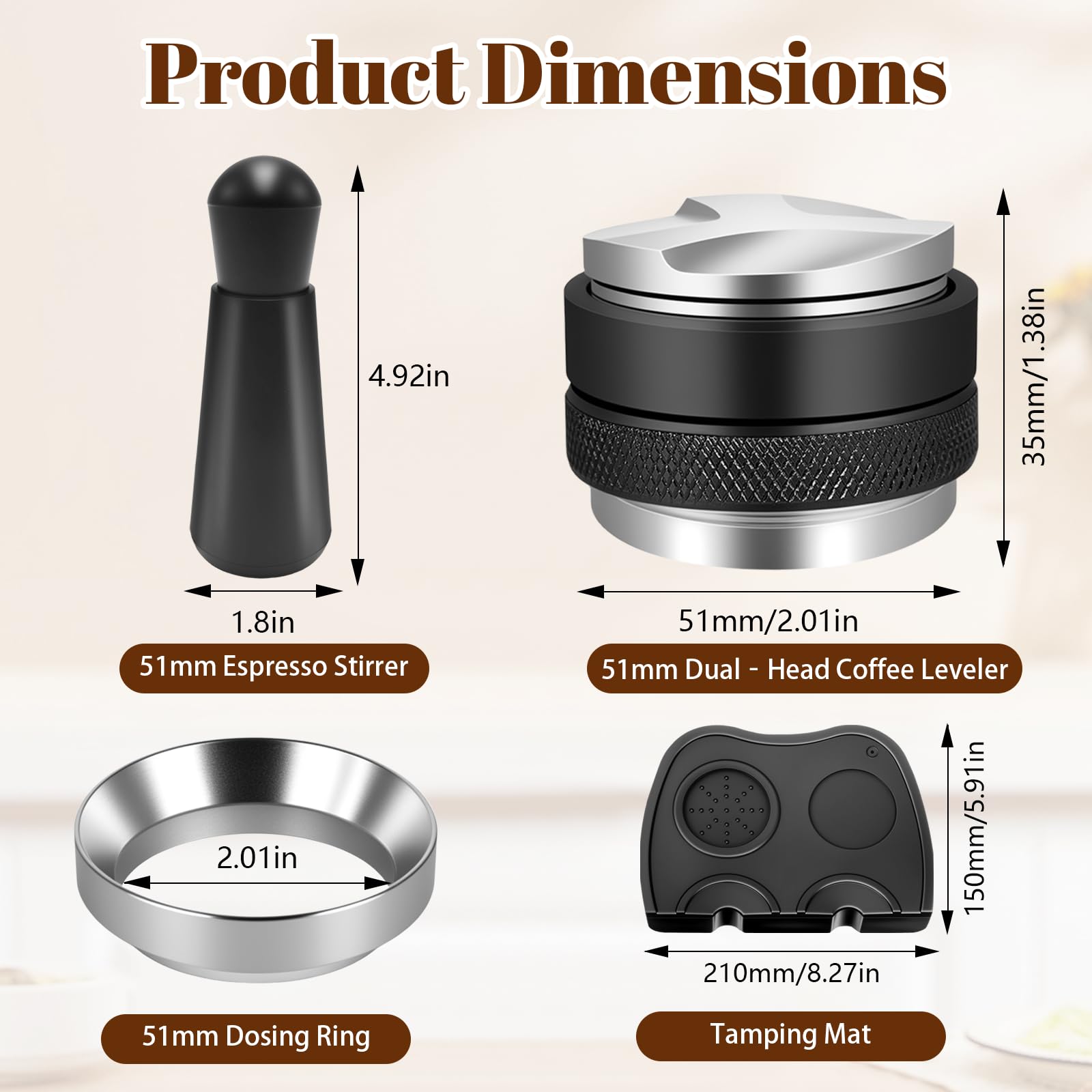Kit Barista 51mm con Tamper 51mm, Pressino Caffè 51mm, Anello Dosatore, Tool WDT 12 Aghi, Dosatore Caffè per Moka, Distributore Caffè e Tappetino Macchina Caffè in Silicone, Set Accessori Portafiltro