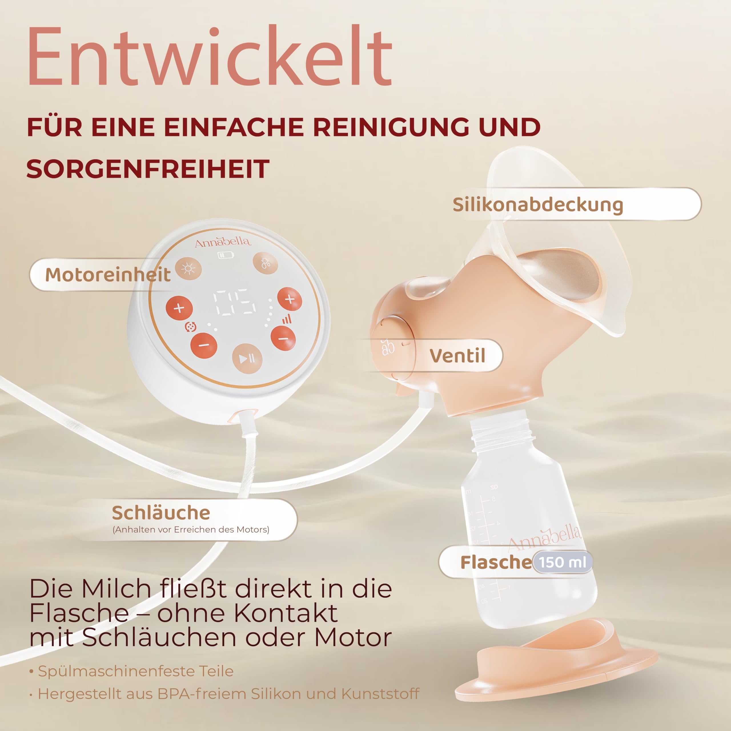 ANNABELLA Elektrische Milchpumpe, tragbar, leise & wiederaufladbar | Zungensimulation, 9 Saugstufen, Nachtlicht, BPA-frei, 140 ml Flaschen, USB-C wiederaufladbar, diskret & leise