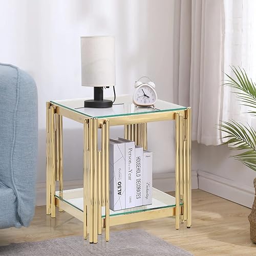 Miniatura 9 de Mesa de centro dorada de 20 pulgadas, mesa auxiliar con tapa de vidrio cuadrado de acero inoxidable, vidrio templado transparente para sala de
