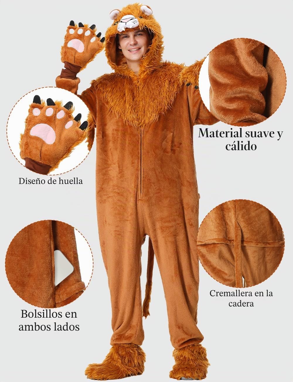 Disfraz de León Adulto Pijama de León Unisex Fiesta de Halloween Onesie Cosplay Vestido de Mono para Hombres Mujeres